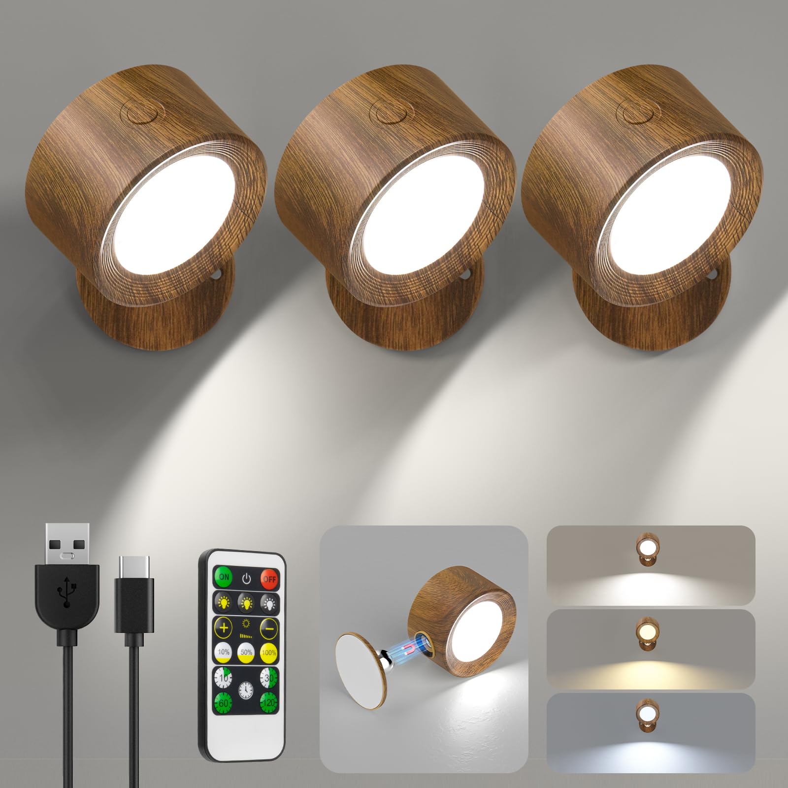 Lightbiz Led Wall Lights, Wall Sconces 3 Pcs With Remote Rechargeable Battery Operated, 3 Color Temperatures & Dimmable Wall Lam