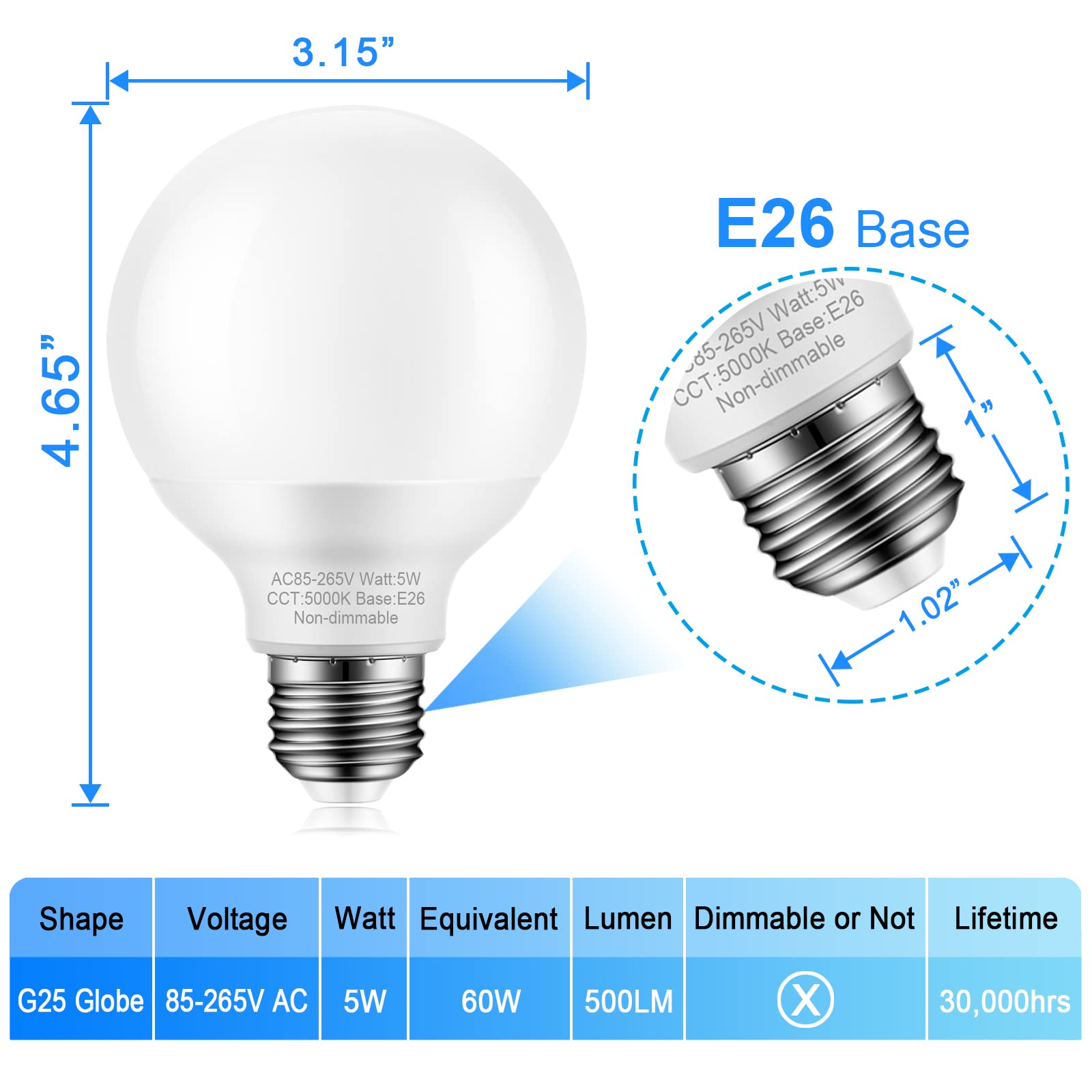 Marxlait G25 LED Globe Light Bulbs, 60W Equivalent, 5000K Daylight White, 8 Pack, E26 Medium Base for Bathroom Vanity