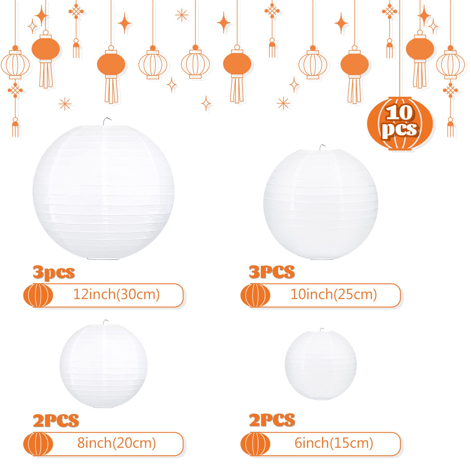 White Hanging Paper Lanterns, Round Chinese Paper Lanterns, Party Wedding Anniversary Decorations, 4 Size - 10 Pieces