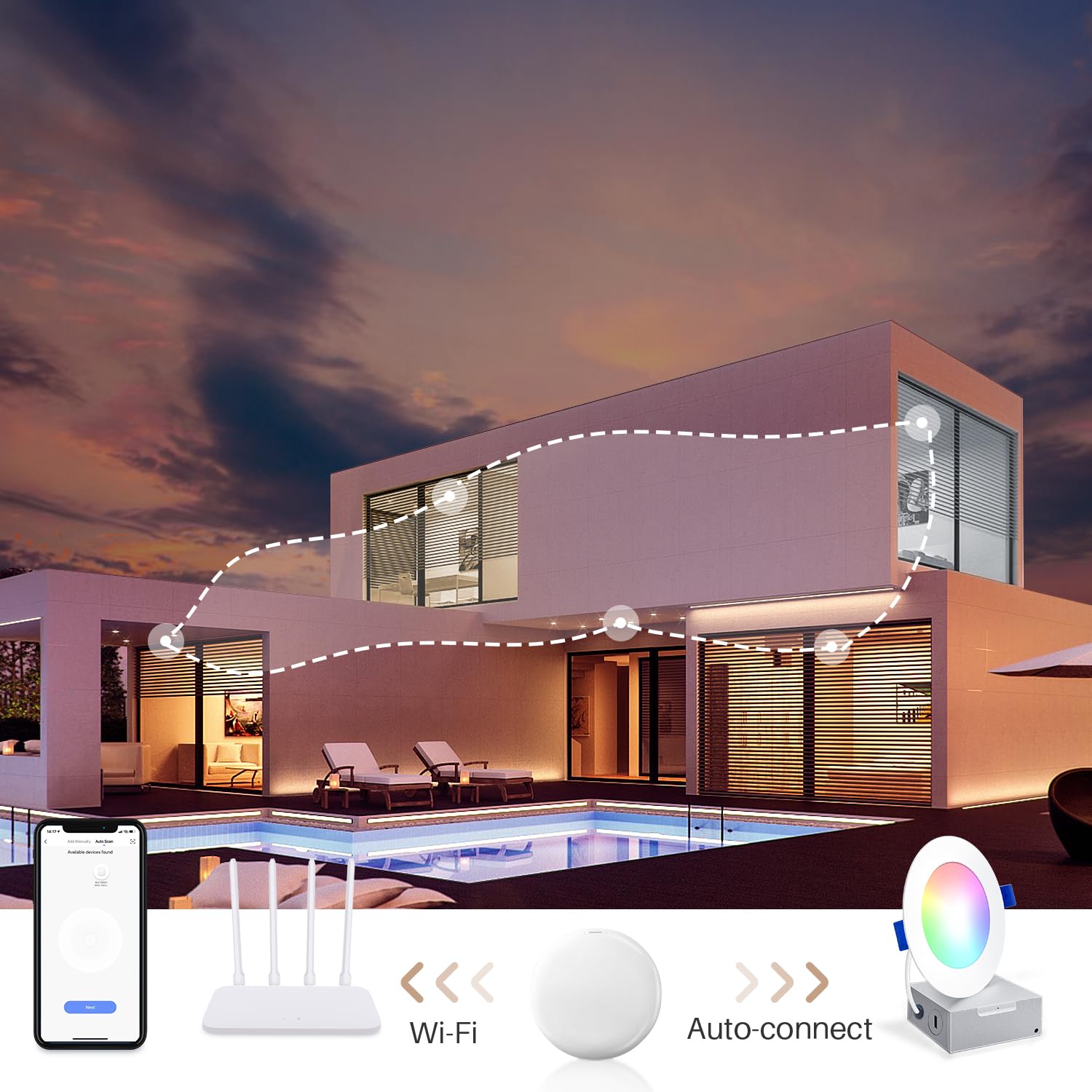 Peteme LED Smart Recessed Lighting, 4 Inch IC Rated, 800LM, Color Changing, Metal, 6 Pack, Model SG-SML10W-C01