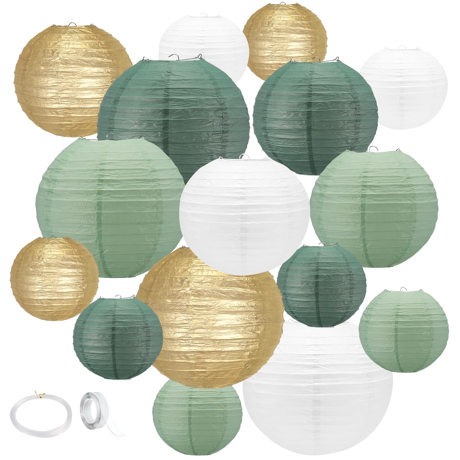 Sage Green Paper Lanterns,16Pack Gold Green White Party Decorations With Tape And String,Hanging For Bridal Shower Decor,Graduat