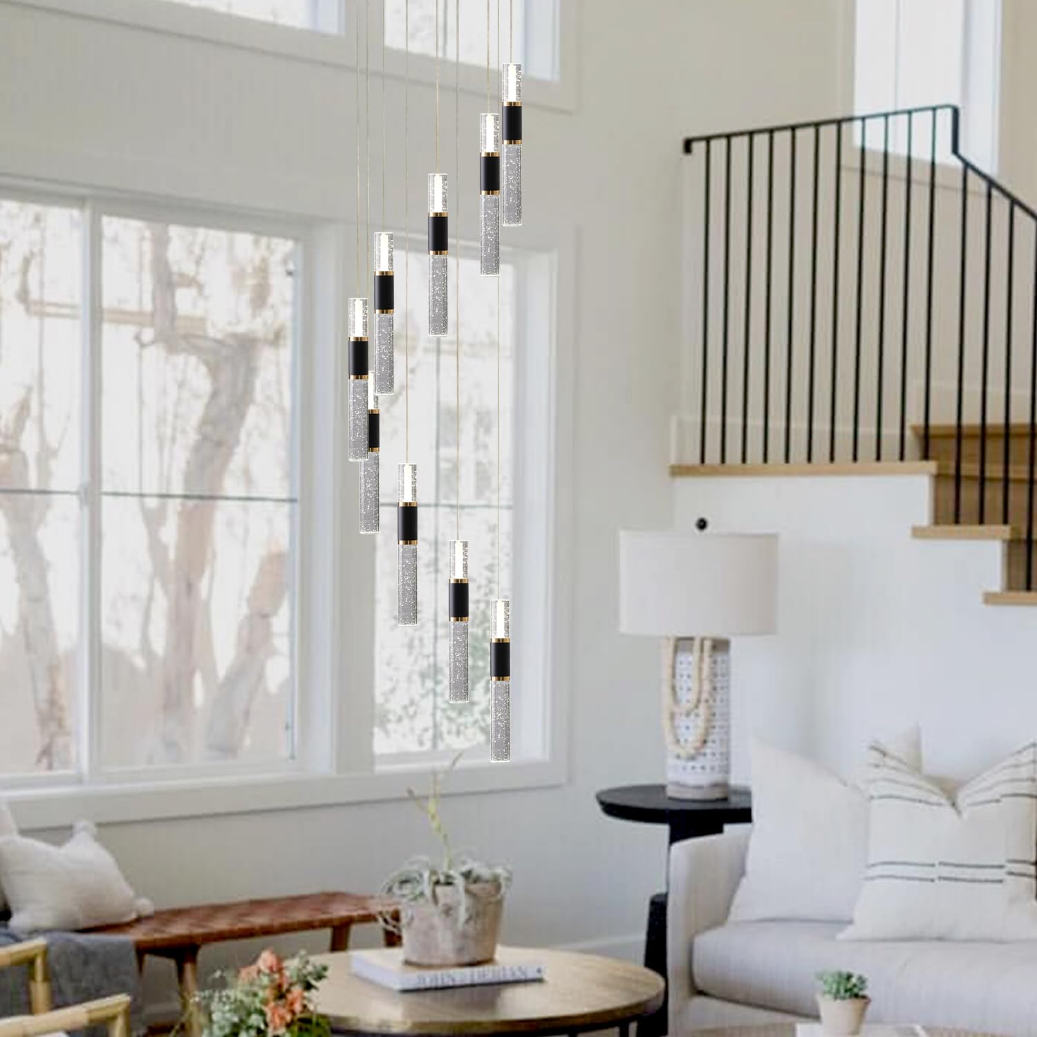 Led Chandelier,Black And Gold Modern Led Chandelier For High Ceilings,9-Light Foyer Chandelier For Entryway,Dimmable High Ceiling Chandelier For Staircase W Remote (3000K-6500K,10%-100% Brightness)