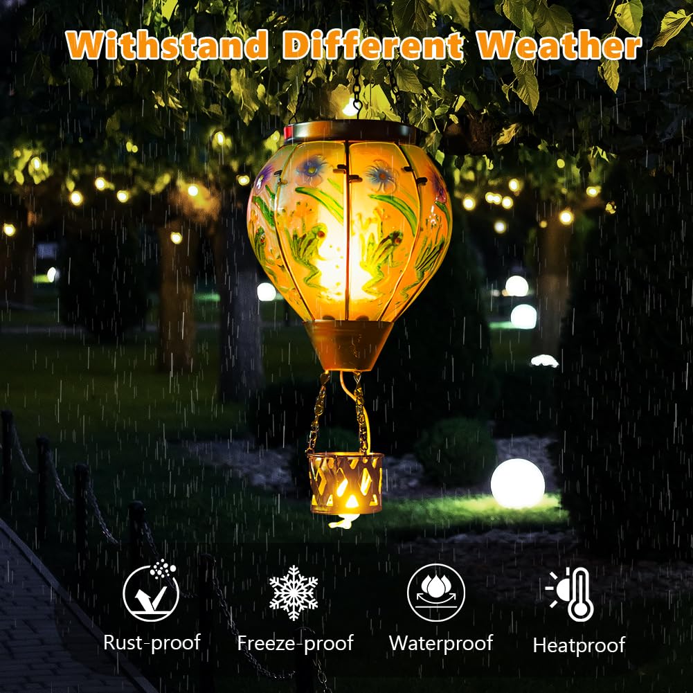 Starsoul Frog Hot Air Balloon Solar Lantern With Candle Holder Glass Outdoor Solar Hot Air Balloon Flickering Flame Lamp Hanging
