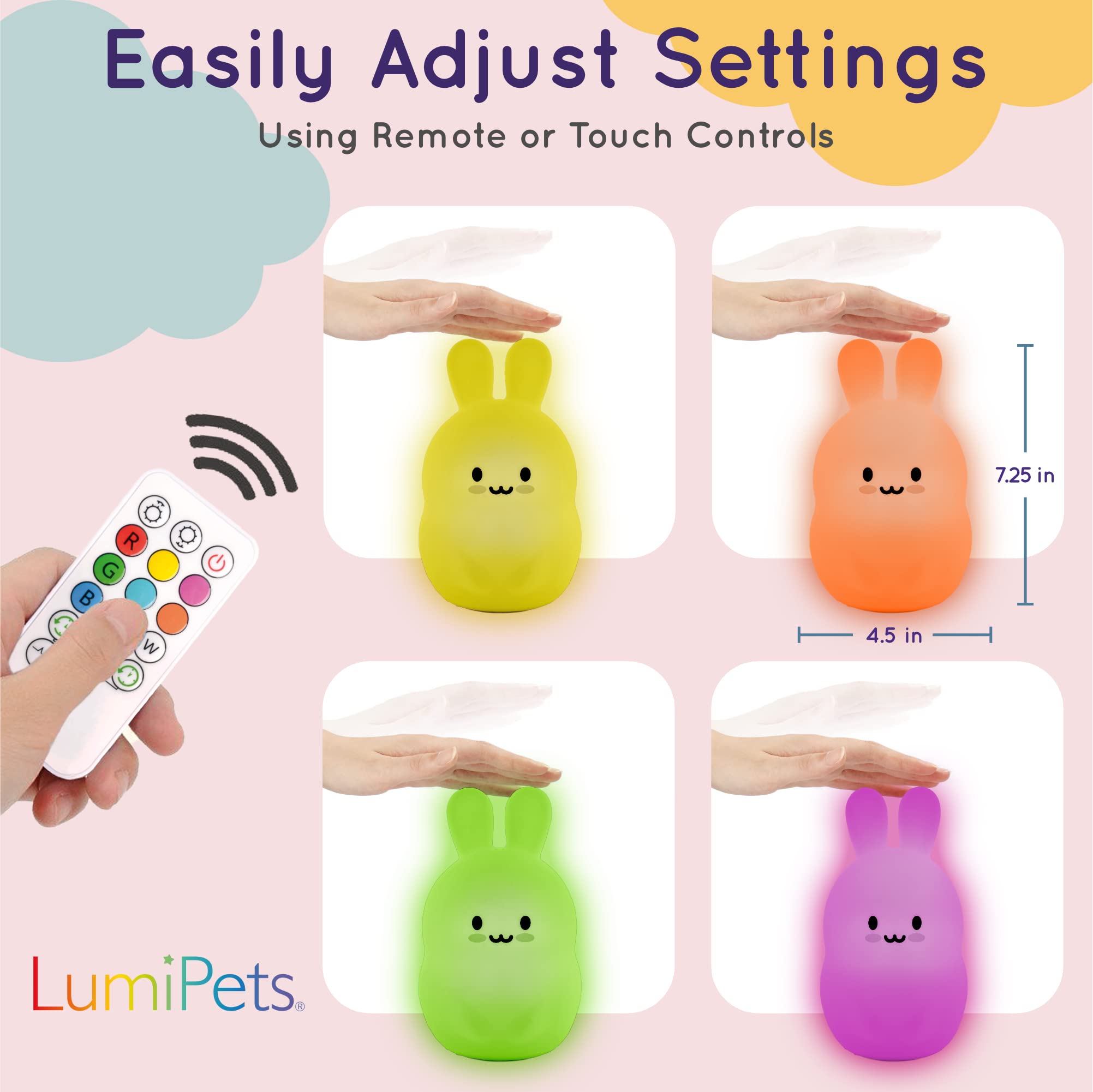 Lumipets Night Light Kids Lamp, Silicone Rubber, Rechargeable, Multicolor, 4 Piece Set, Model LumiPets2