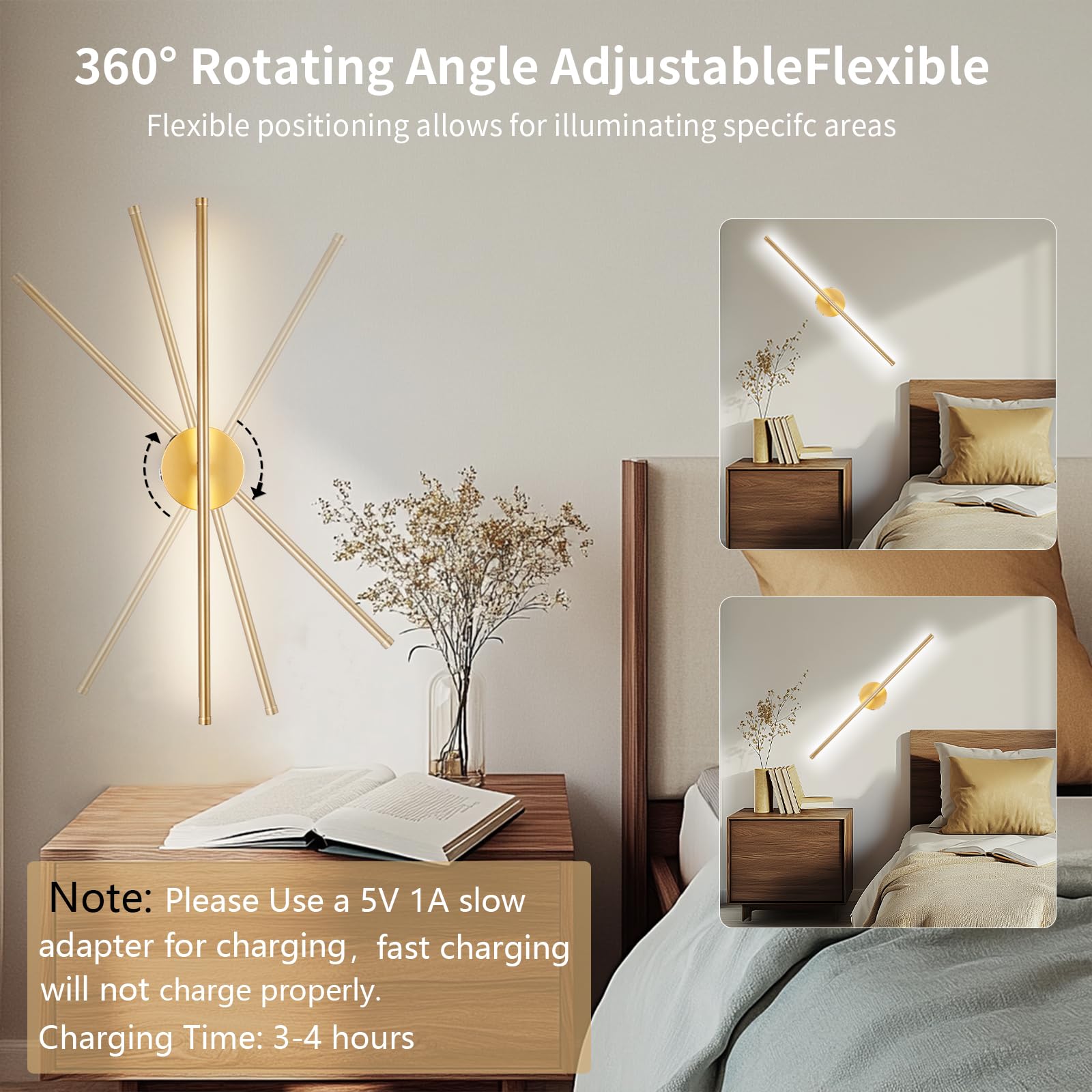 Battery Operated Wall Sconces Set of Two, USB Rechargeable Dimmable LED Wireless Wall Sconces with Remote Control, 360Rotate,Tim