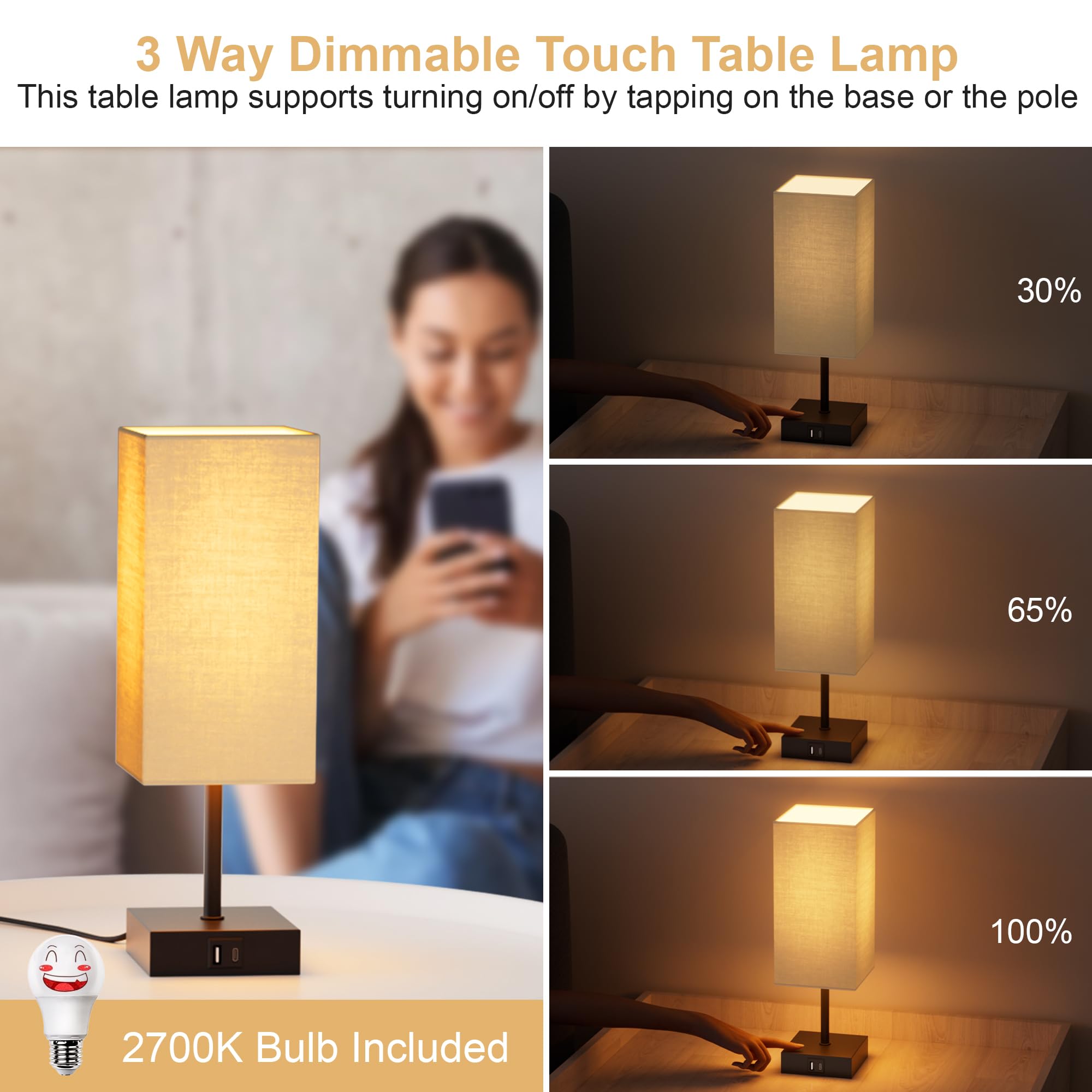 Sailstar Bedside Lamps, Table Lamp With Usb C+A Charging Ports, 3 Way Dimmable Touch Control, Small Nightstand Lamps For Bedroom