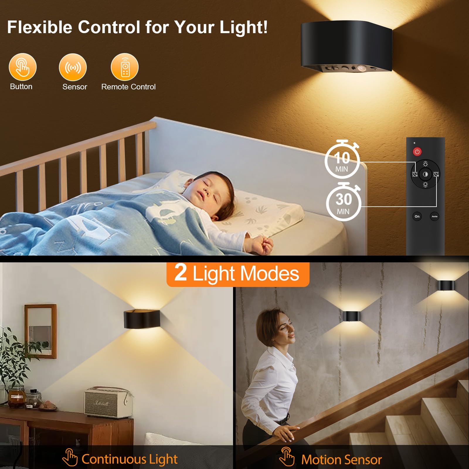 Audor Motion Sensor Wall Light, Rechargeable 5000mAh, Remote Control, 3-Color Adjustable, Black, Indoor LED Sconce