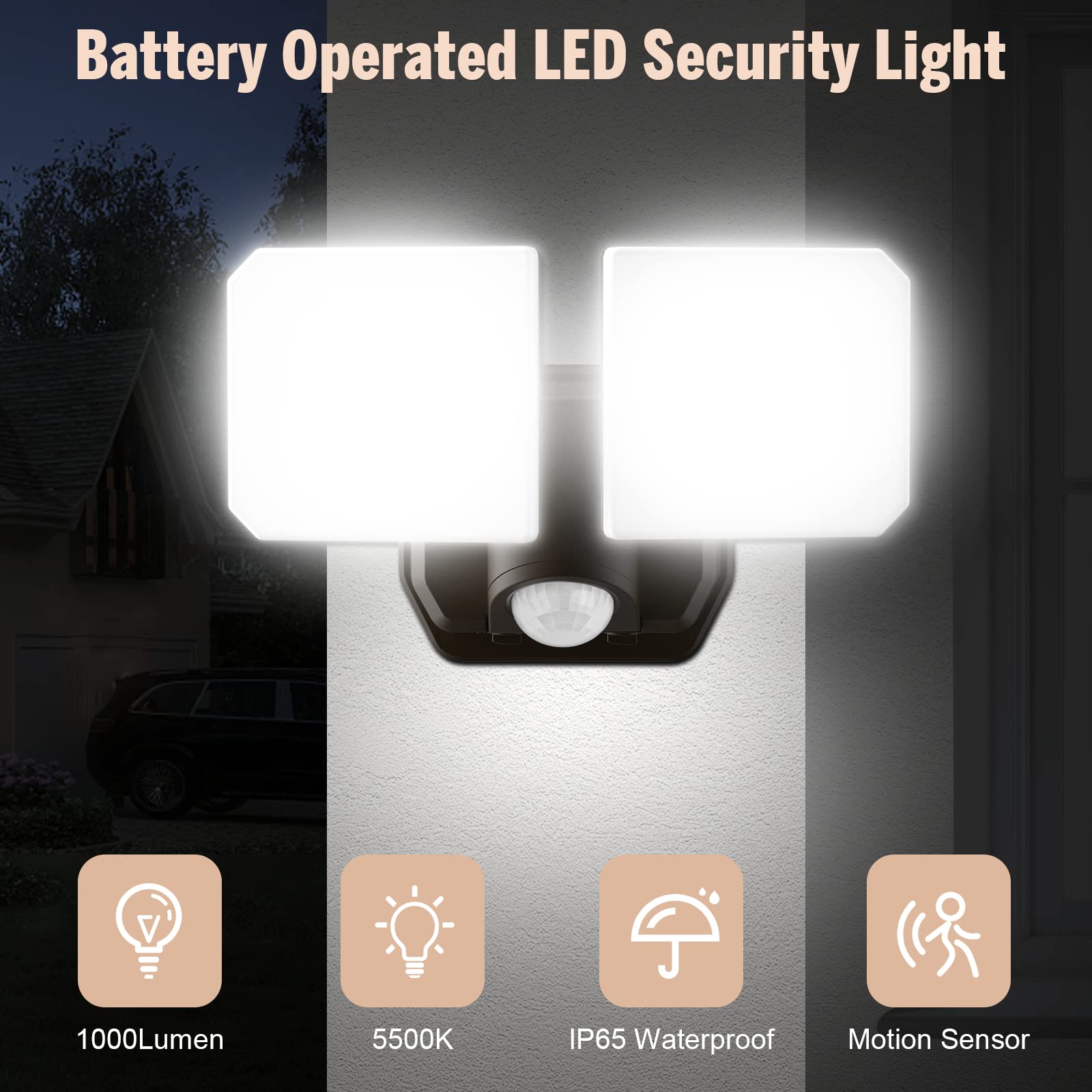 FLITI Battery Powered Motion Sensor Security Light - 5000K, 1000LM, 6-Month Battery Life, Indoor/Outdoor Use, Model: battery-light-3.2