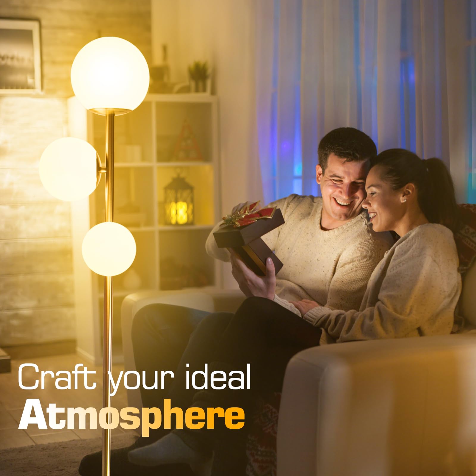 ShineMuse Mid Century Floor Lamp, Dimmable LED, Touch Control, 3 Globe, Gold-3, Model FL004