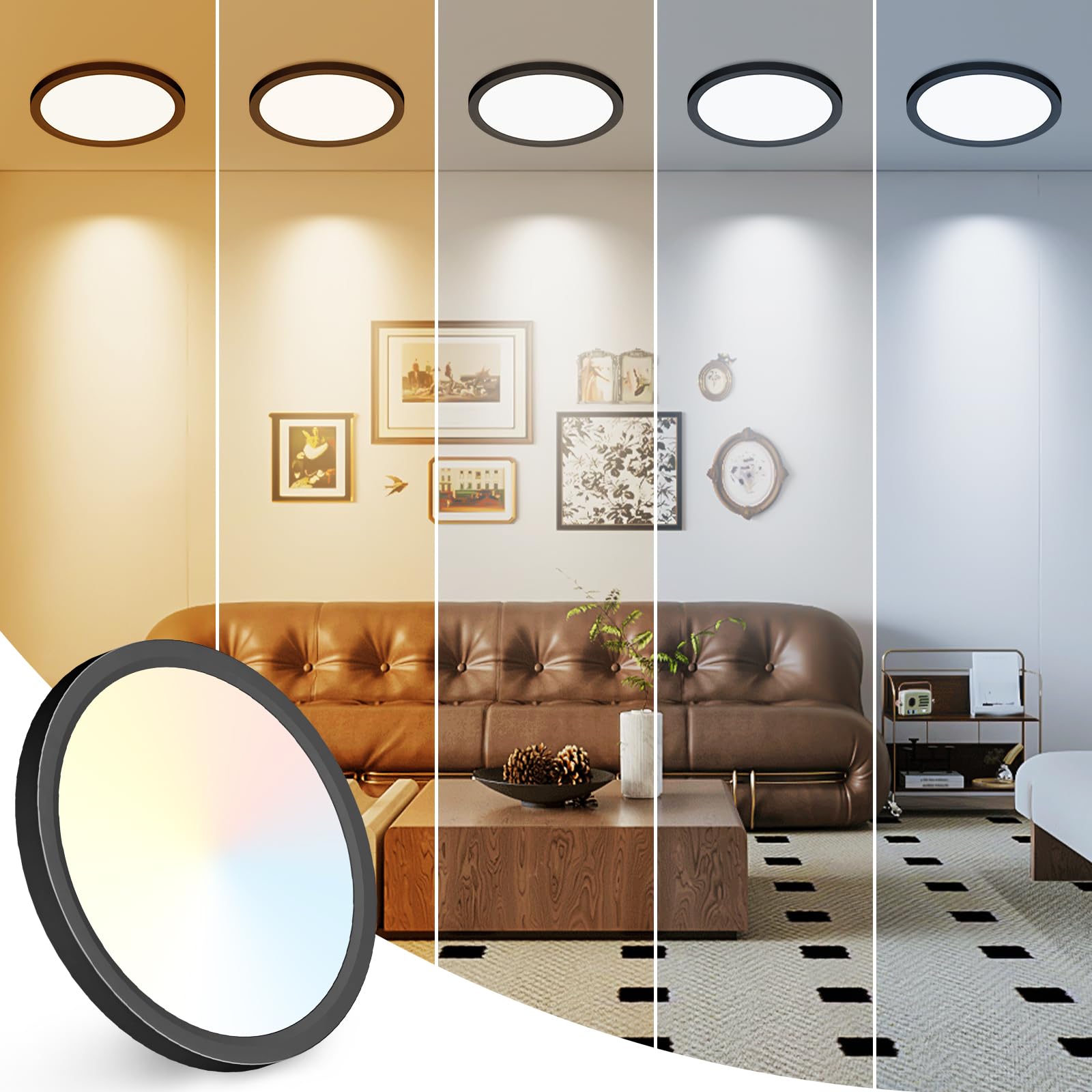 Peasur LED Ceiling Light Fixture, 15W 1500LM, 7 Inch, Adjustable 3000K-6500K, Black, Model CL61A-BK