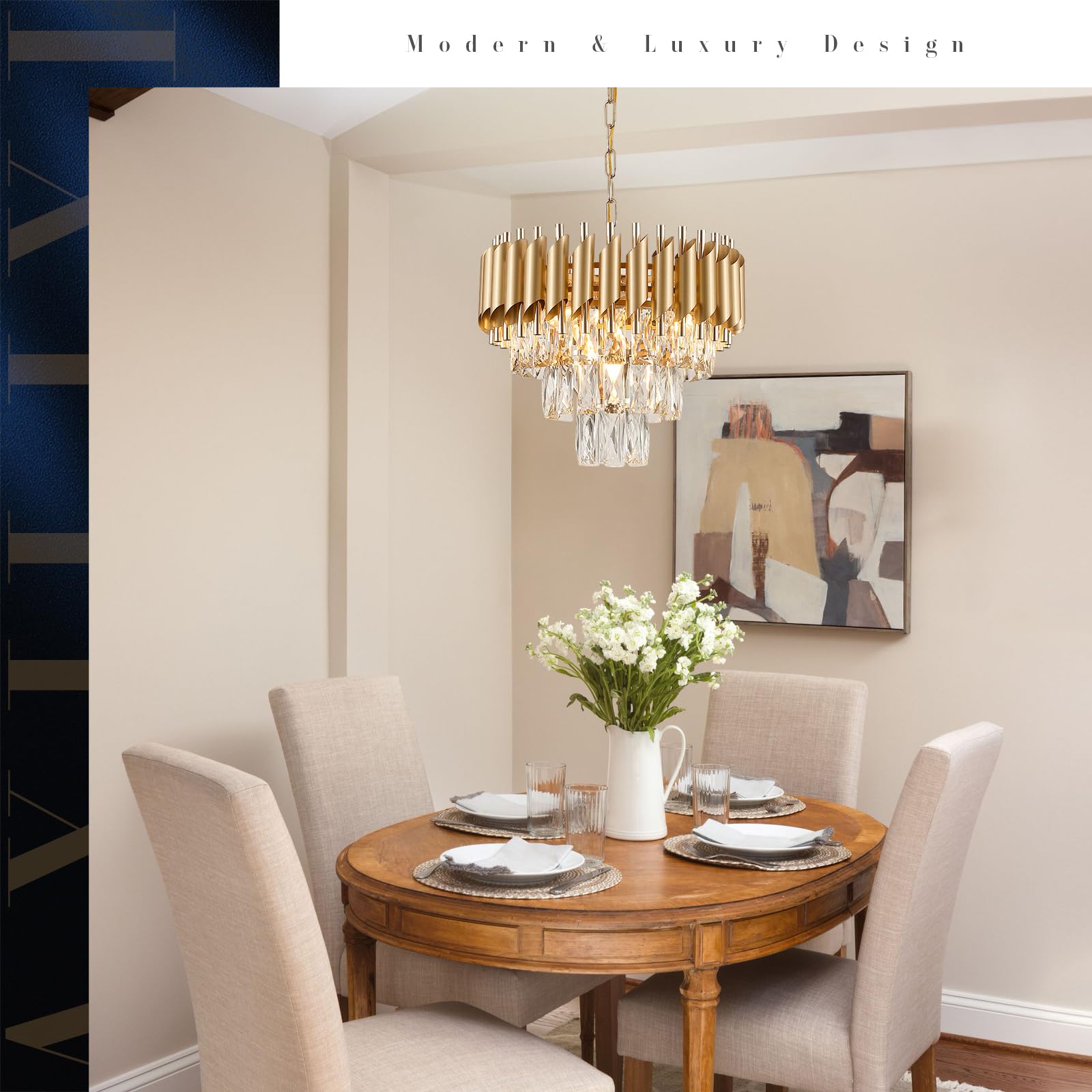 A AXILIXI Gold Crystal Chandelier 16” Modern 3-Tier Dimmable Flush Mount Light Fixture for Dining Room, Living Room, Kitchen, Model 8801