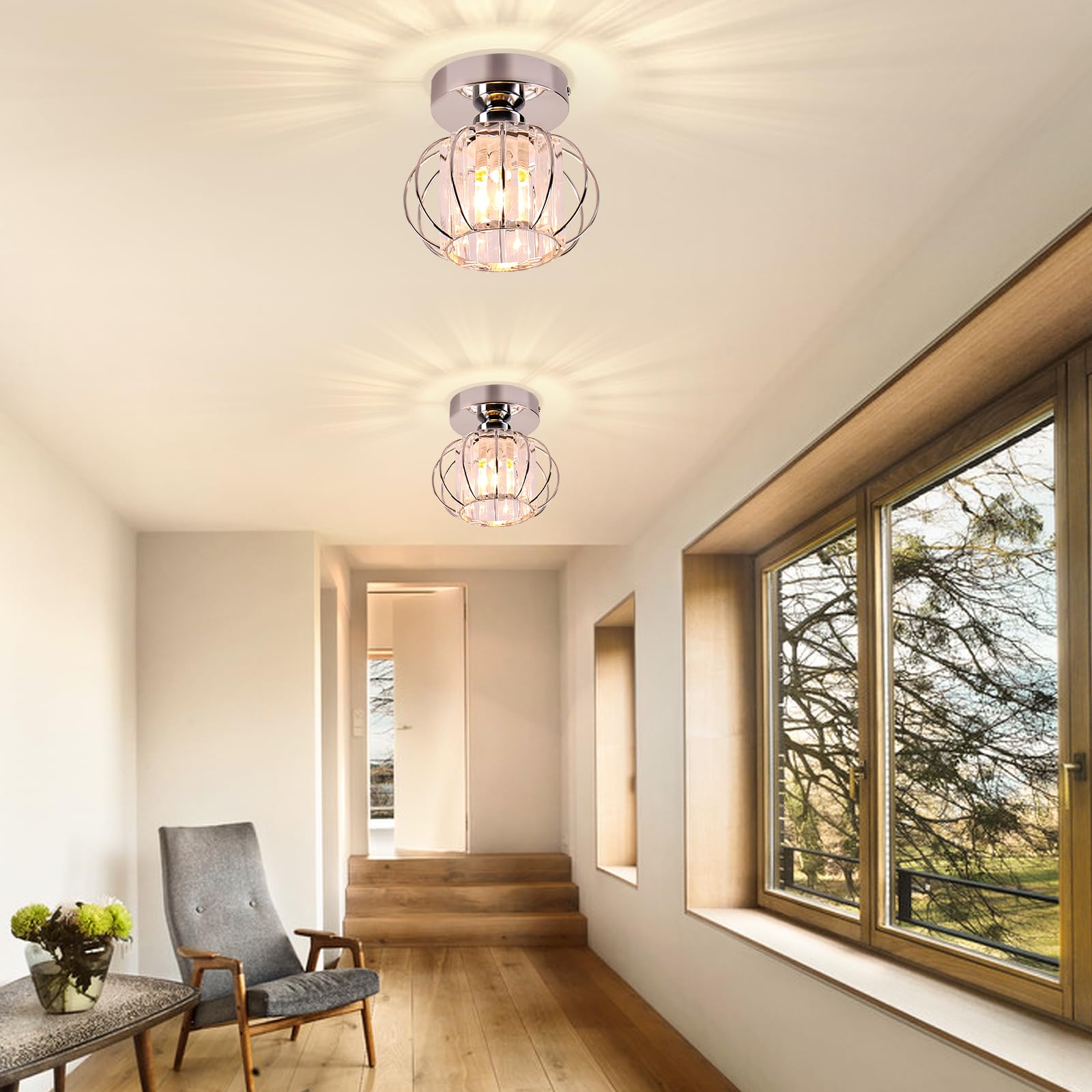 Frixchur Small Chandelier Semi Flush Mount Ceiling Light Fixture Chrome Crystal Ceiling Lighting Modern Crystal Ceiling Light Fi