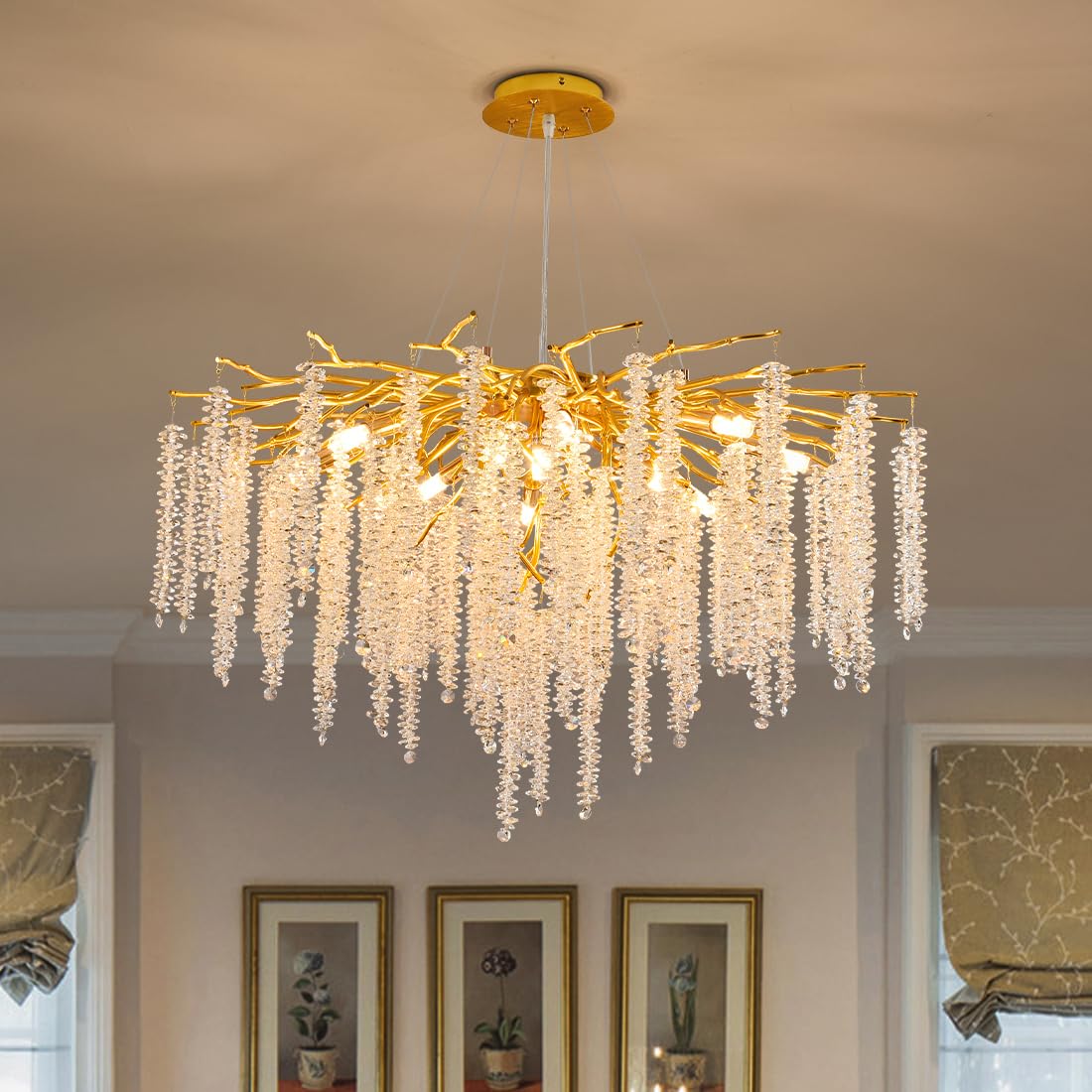 Puvaue Crystal Tree Branch Chandelier Pendant Light Fixture Round D31.5in Gold Aluminum/Iron for Dining Room, Bedroom, Living Room