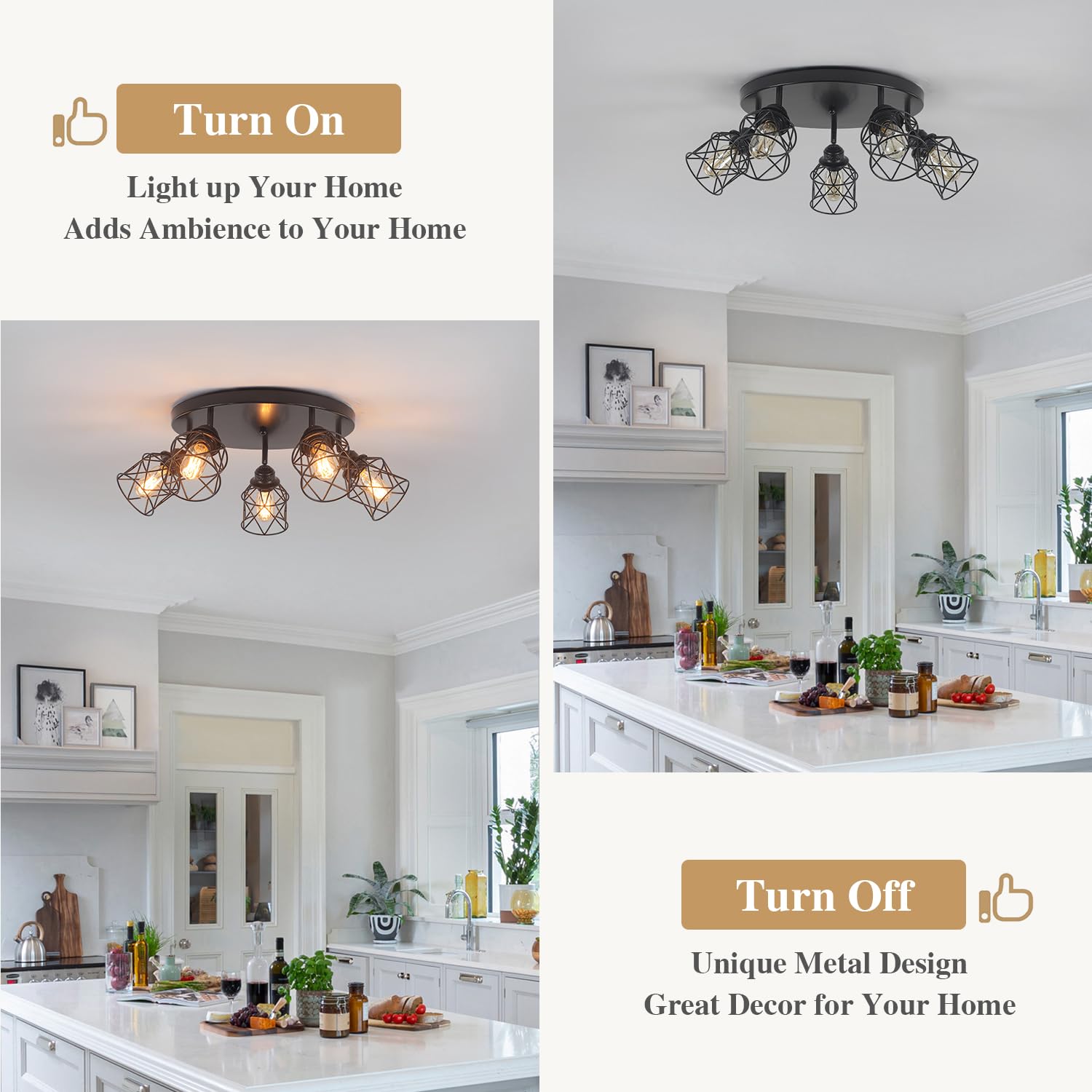 5-Lights Kitchen Light Fixtures Ceiling Mount, Adjustable Multi-Directional Black Flush Mount Ceiling Light, Retro Metal Cage Fa