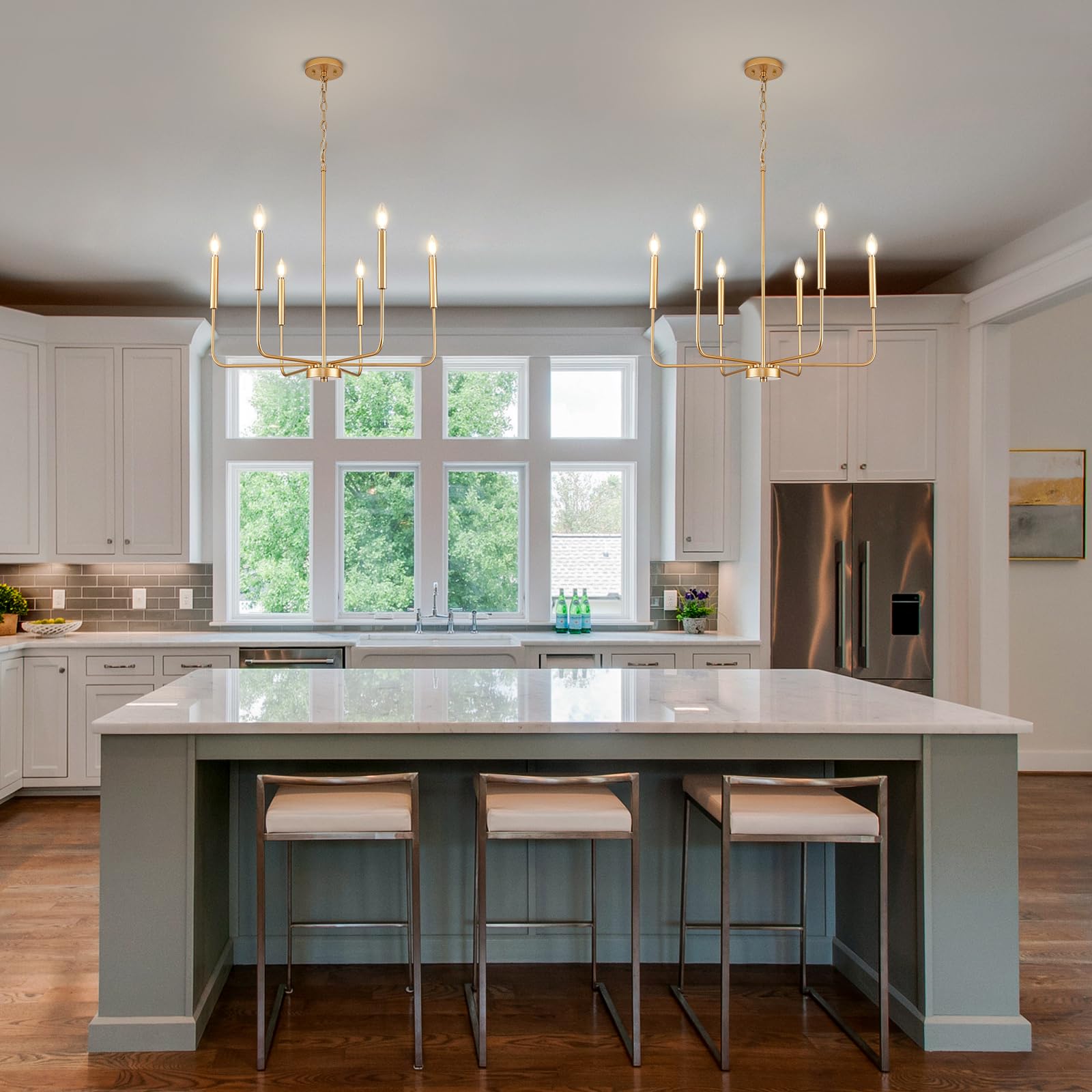 ONESMING Modern Gold Chandelier, 6-Light Metal Pendant Light for Dining Room, Kitchen & Living Room, Model GD3004-6