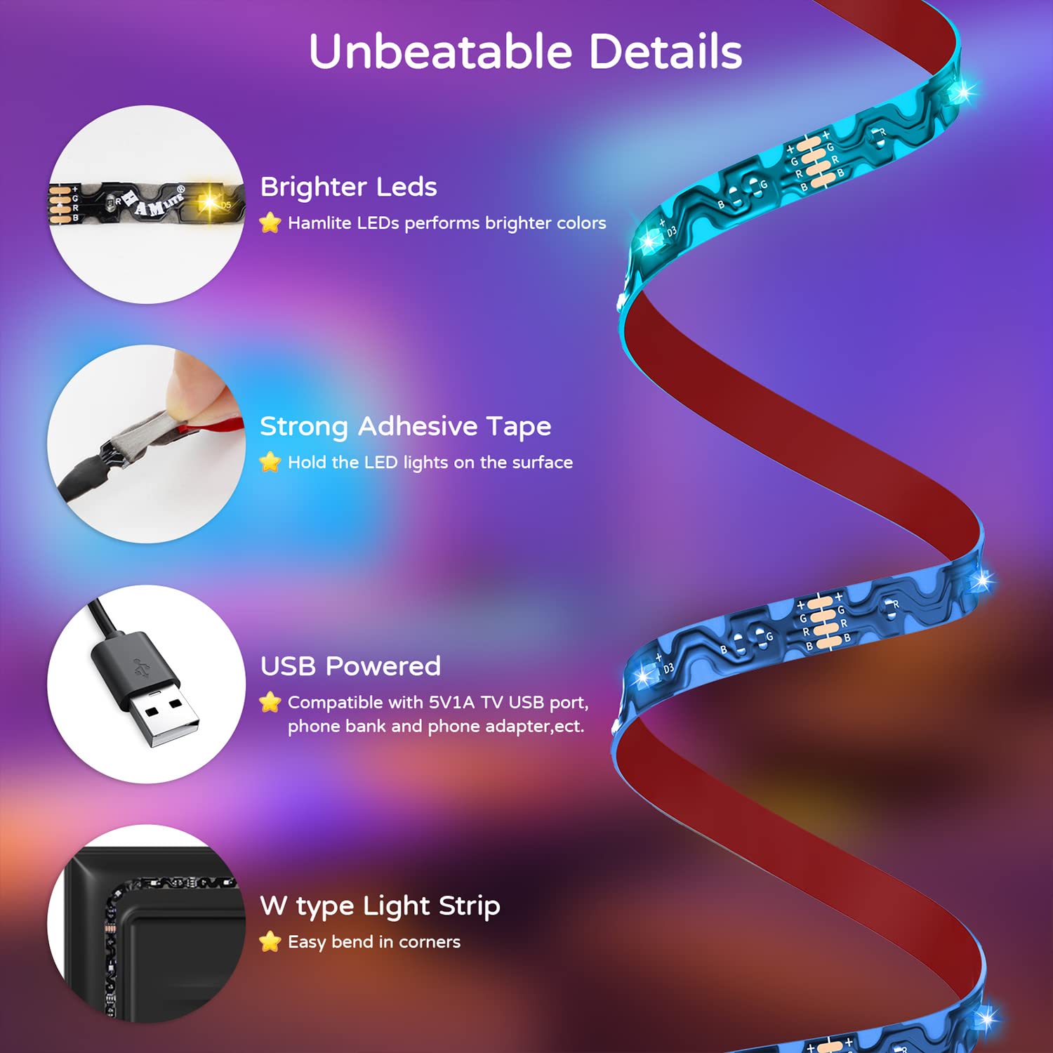 Hamlite Tv Backlight 55 Inch, 11.5Ft Led Strip Lights Usb Powered With Remote -Curve Design Sync On/Off With Tv, Changing Led Ba