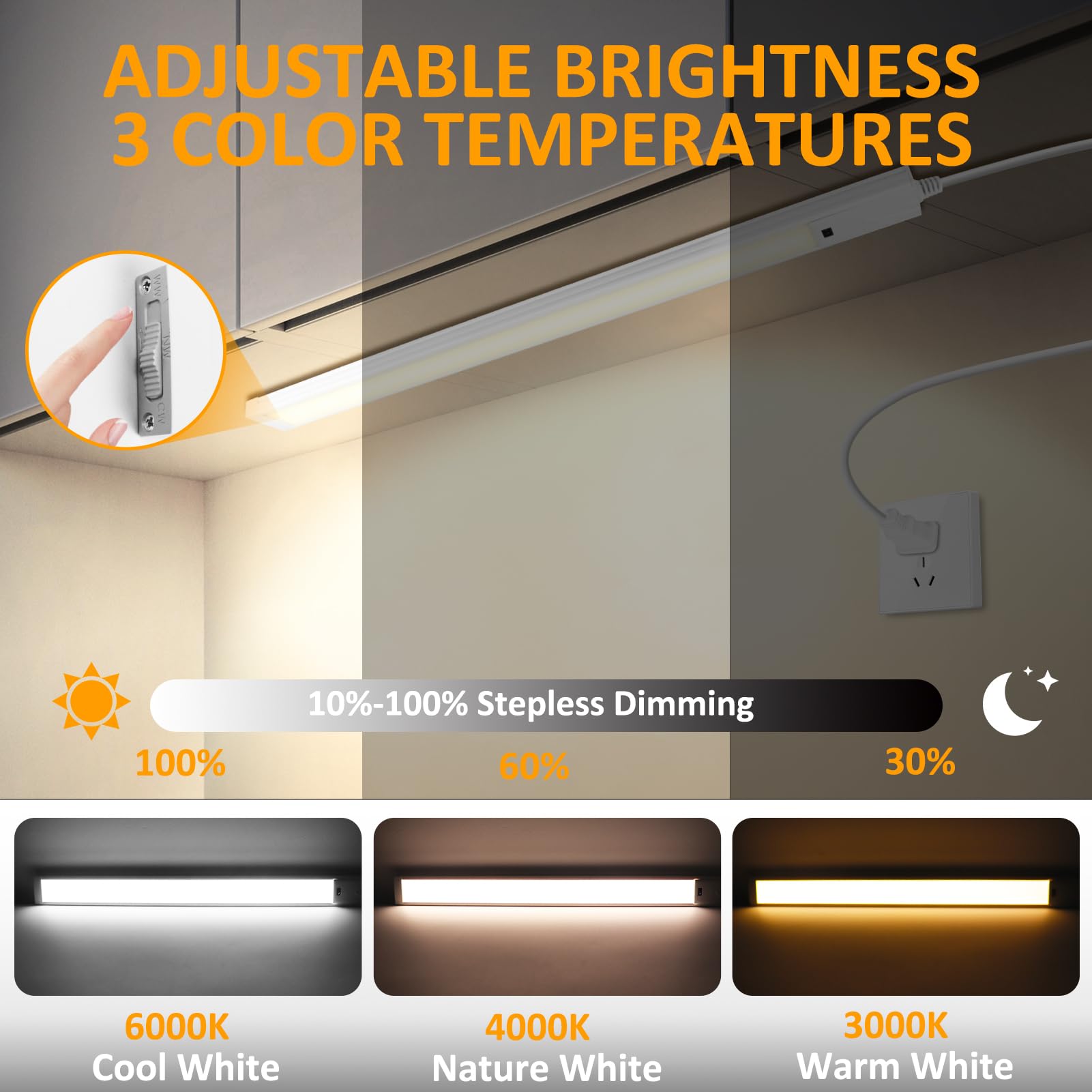 16 Inch Under Cabinet Lights With Hand Wave, Plug In Led Under Counter Light, Over Sink And Stove Lighting, Color Tunable 3000K