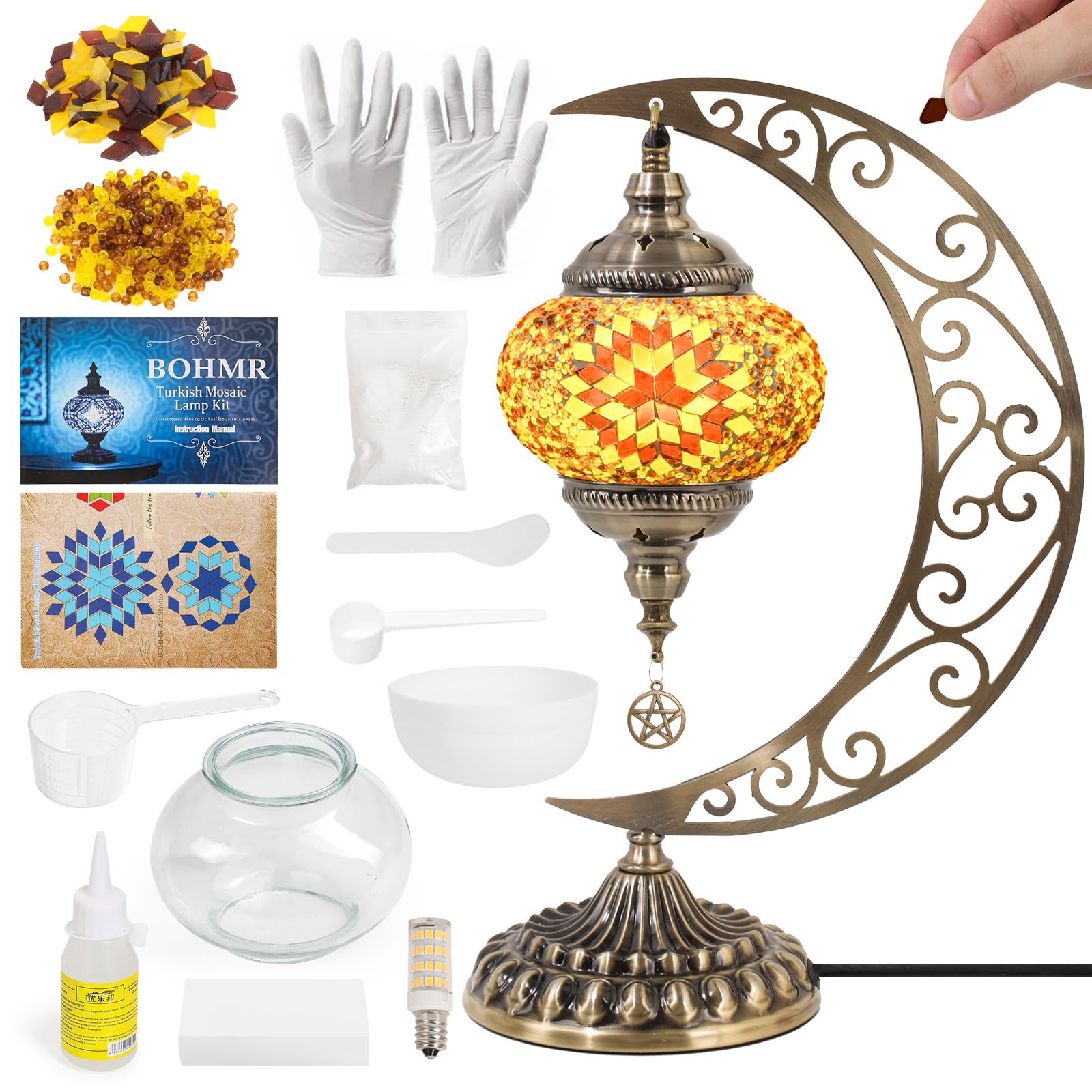 BOHMR DIY Turkish Mosaic Lamp Kit  Moon Stained Glass Lamp Making Kit- Easy Fun No Experience Needed  Mosaic Art & Craft Project Kits for For Mature Userss & Teens  Make Your Own Table Lamp Christmas Gift Amber