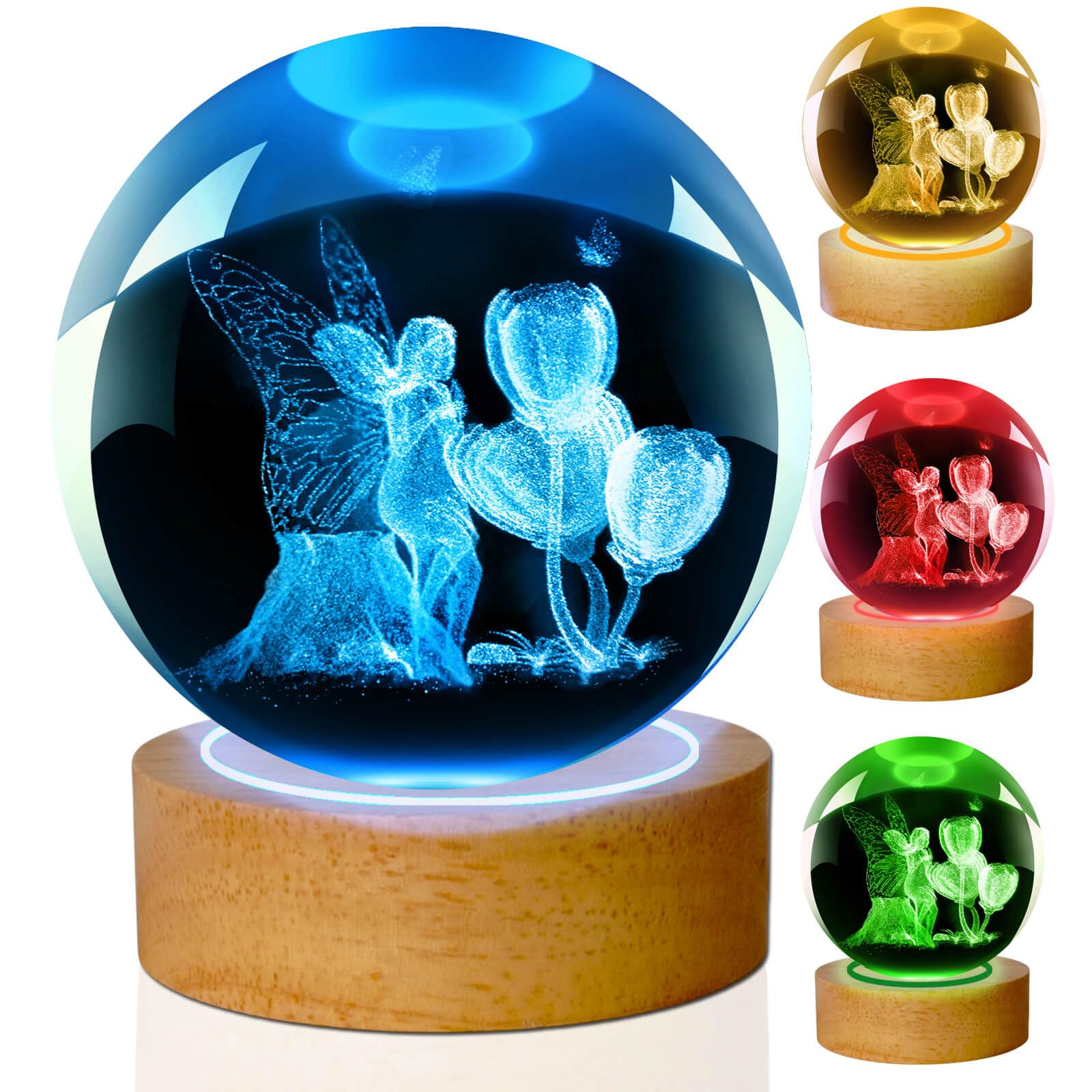 LINSINA Fairy Lamp, 3.15in 16 Colors Crystal Ball Night Light with Wooden Base and Remote Control, Birthday Gift and Fairy Gifts