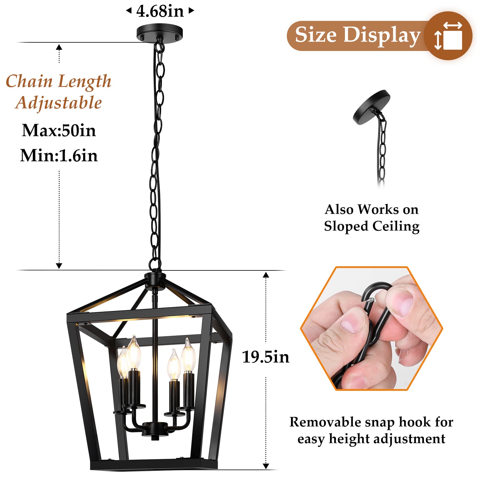 BrightHome 4-Light Farmhouse Chandelier, Black Metal Pendant Light Fixture, Adjustable Height, Model D3560-04-BK