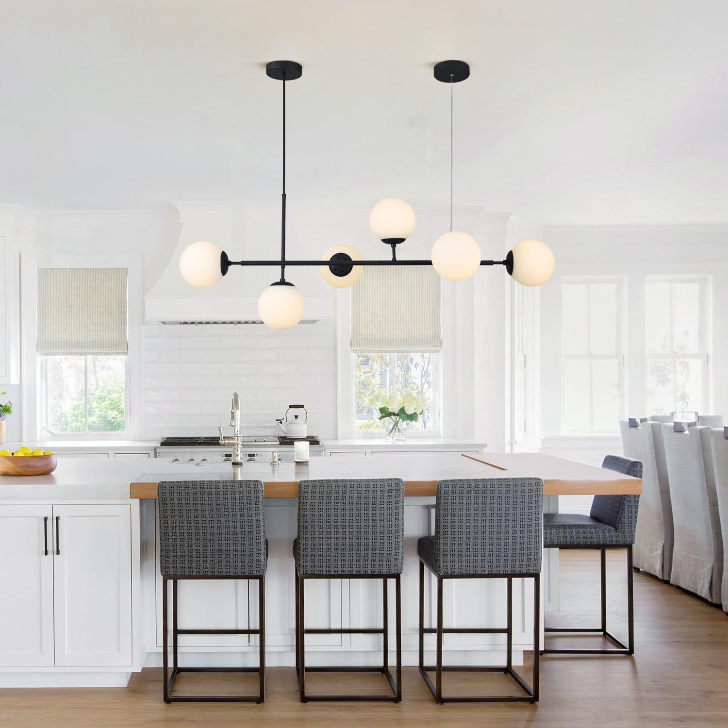 Kco Lighting Mid Century Modern Chandelier Black Linear Sputnik Pendant Light Contemporary 6-Light Glass Globe Chandelier Adjust