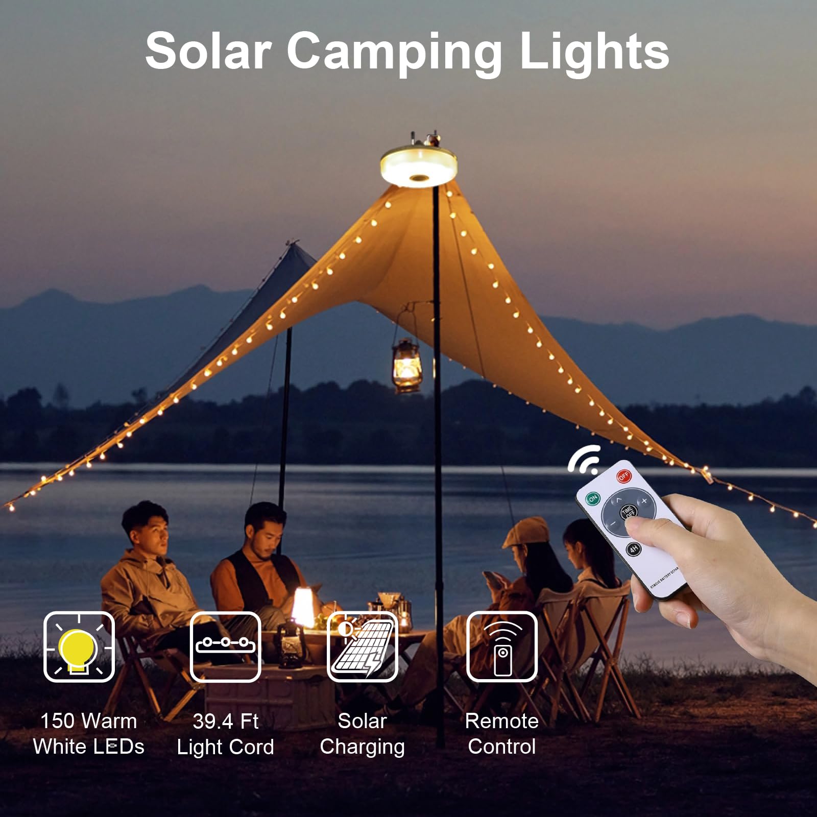 MDCMLKS Solar Camping String Lights, 39.4FT, Waterproof, 8 Lighting Modes, USB Rechargeable, Green, Model SCSL-1