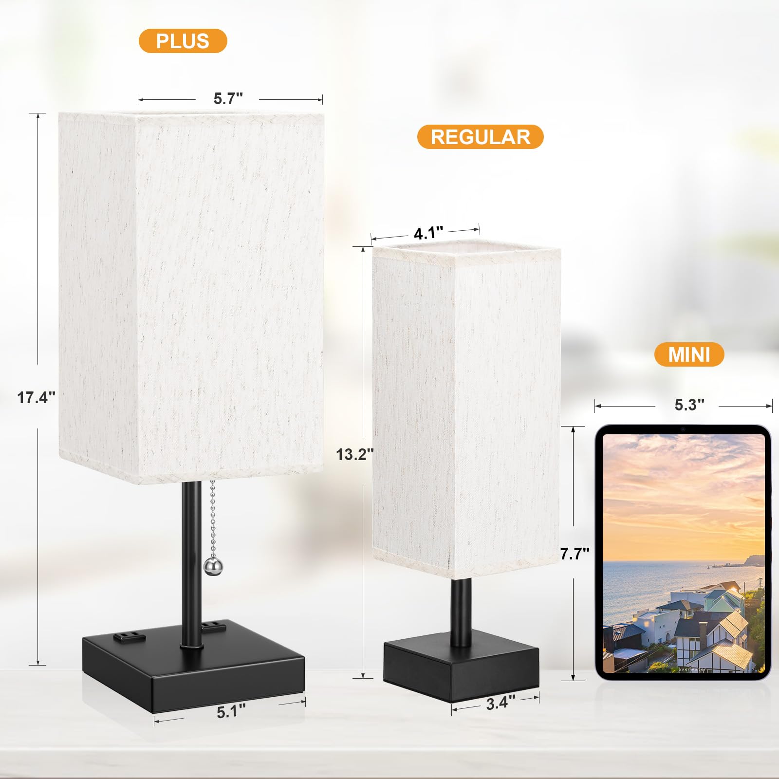 Aooshine Medium Table Lamp With Usb Ports - 3 Color Temperature Bedside Lamp For Bedroom, Pull Chain Control, Usb A And C Ports,