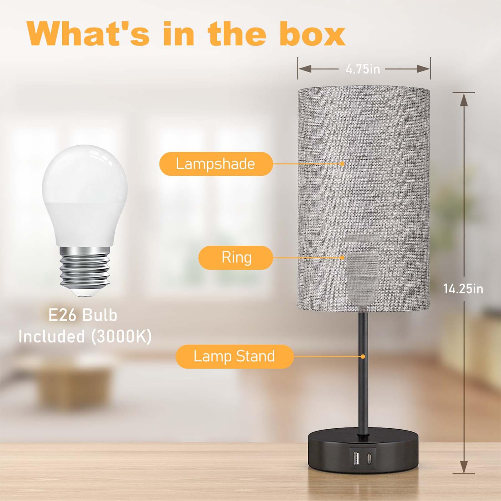 Akasuki Table Lamp For Bedroom, 3 Way Dimmable Touch Lamp With Dual Charging Station, Small Bedside Lamps For Night Stands, Livi