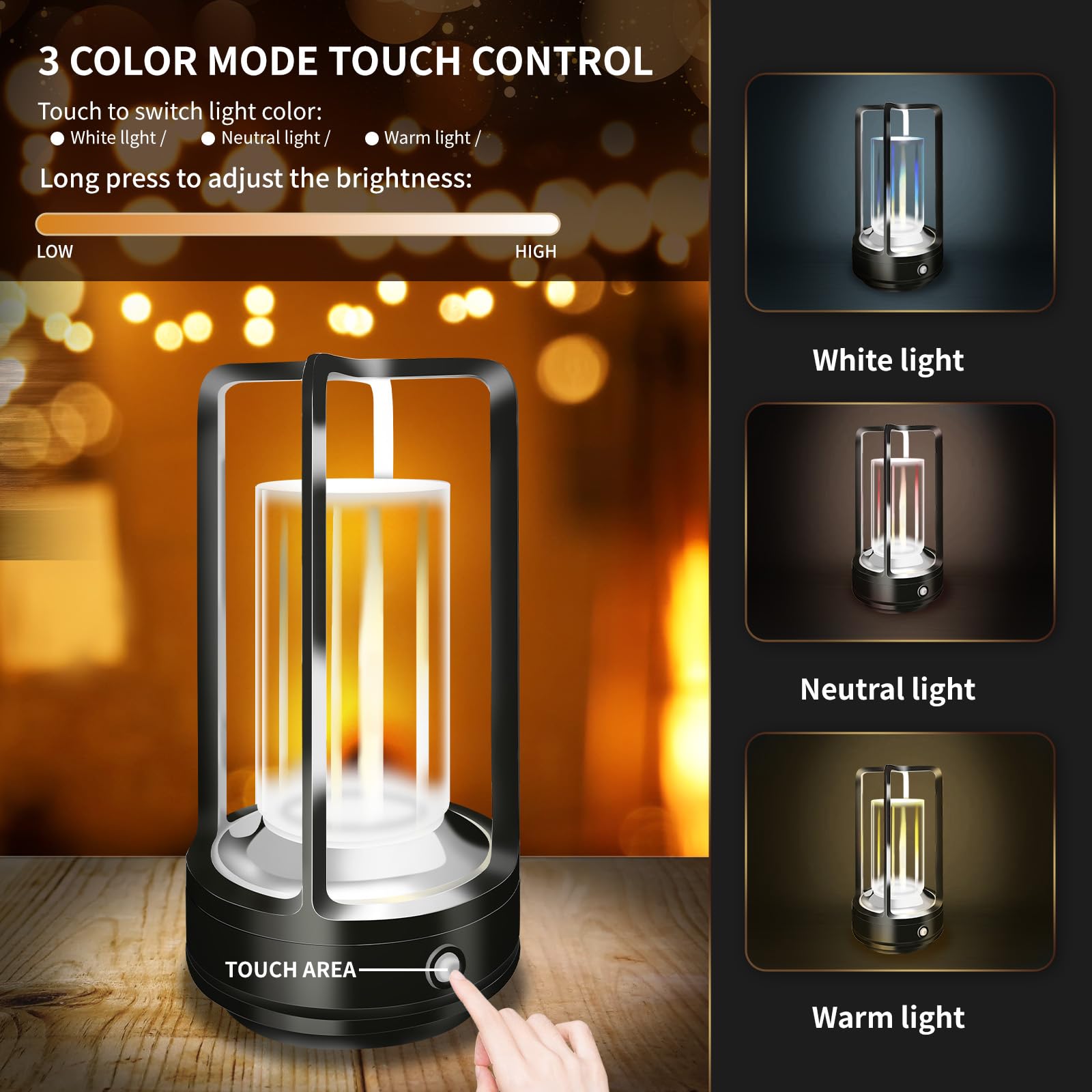 LAYSHINEEN Portable Metal Table Lamp, 4000 mAh Outdoor Table Lights Rechargeable, 3 Color Stepless Dimmable Battery Operated Lam