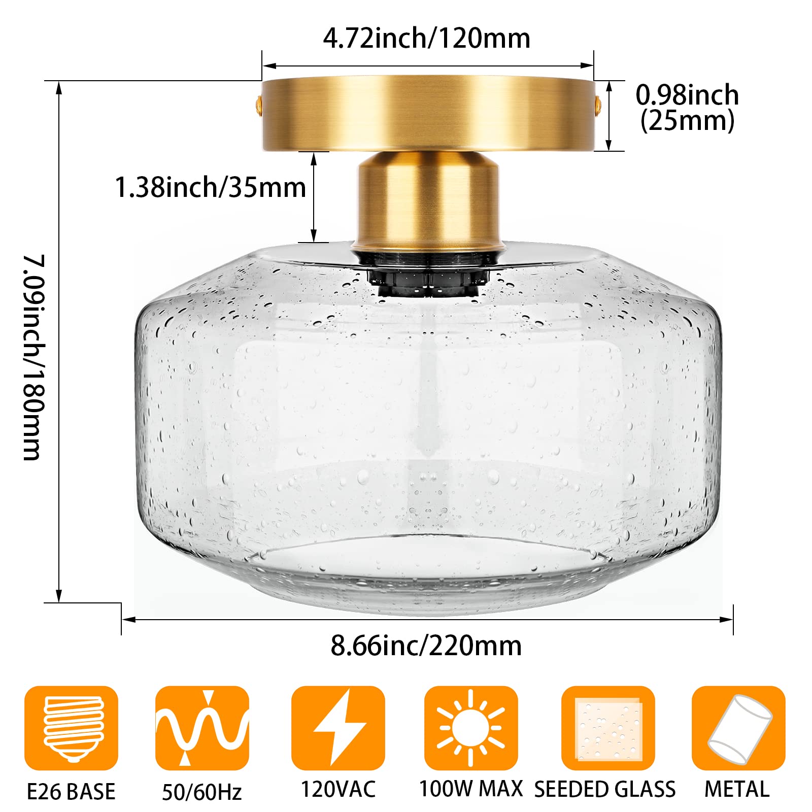 Sunrider Industrial Semi Flush Mount Ceiling Light Fixture, Seeded Glass Pendant Lamp, Brushed Golden Metal Base, Gold Farmhouse