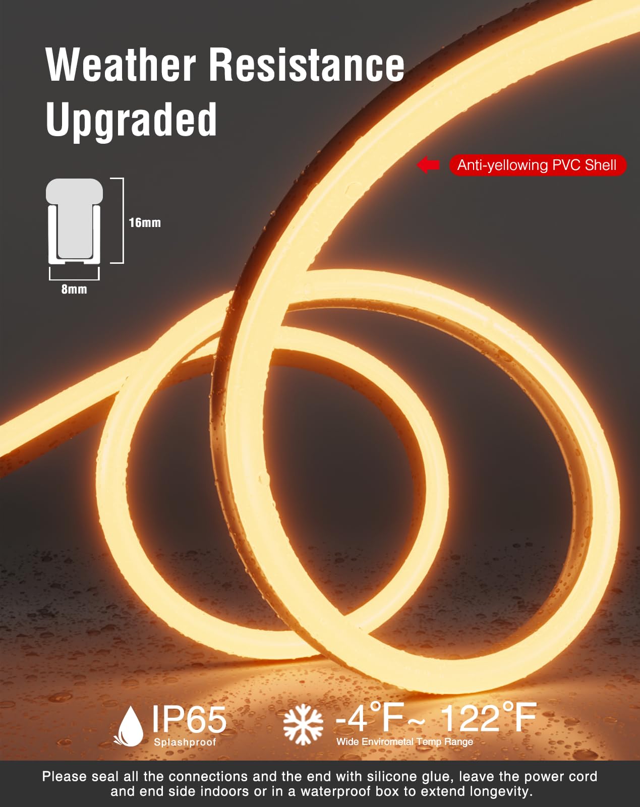 Shine Decor 50Ft Led Neon Rope Lights, 2500K Warm White, Waterproof Smd2835, Cuttable, Indoor/Outdoor Ambiance Lighting