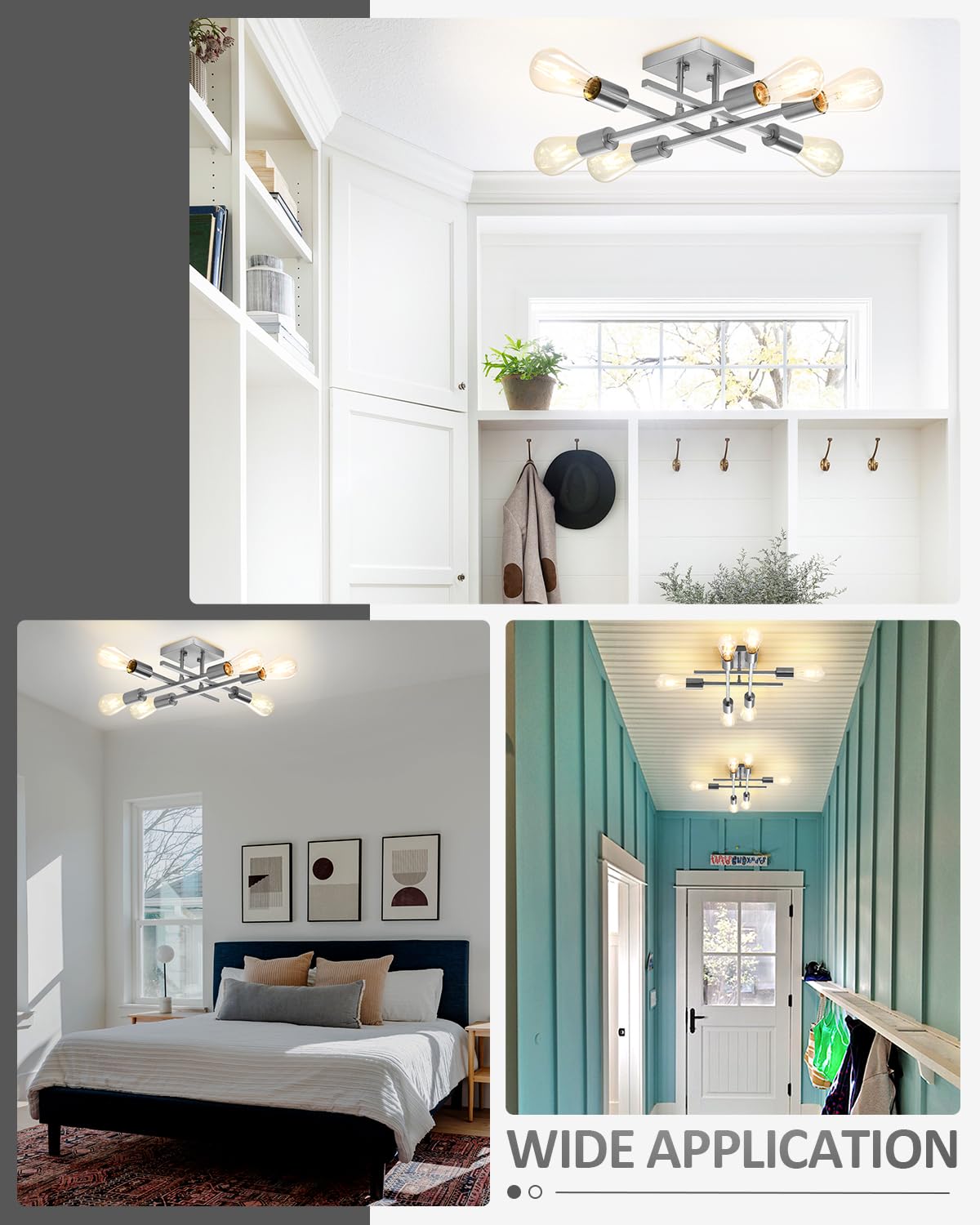 Eidonta 6-Light Semi Flush Mount Ceiling Light Fixture, Modern Brushed Nickel Sputnik Chandelier Lighting, Farmhouse E26 Stock C