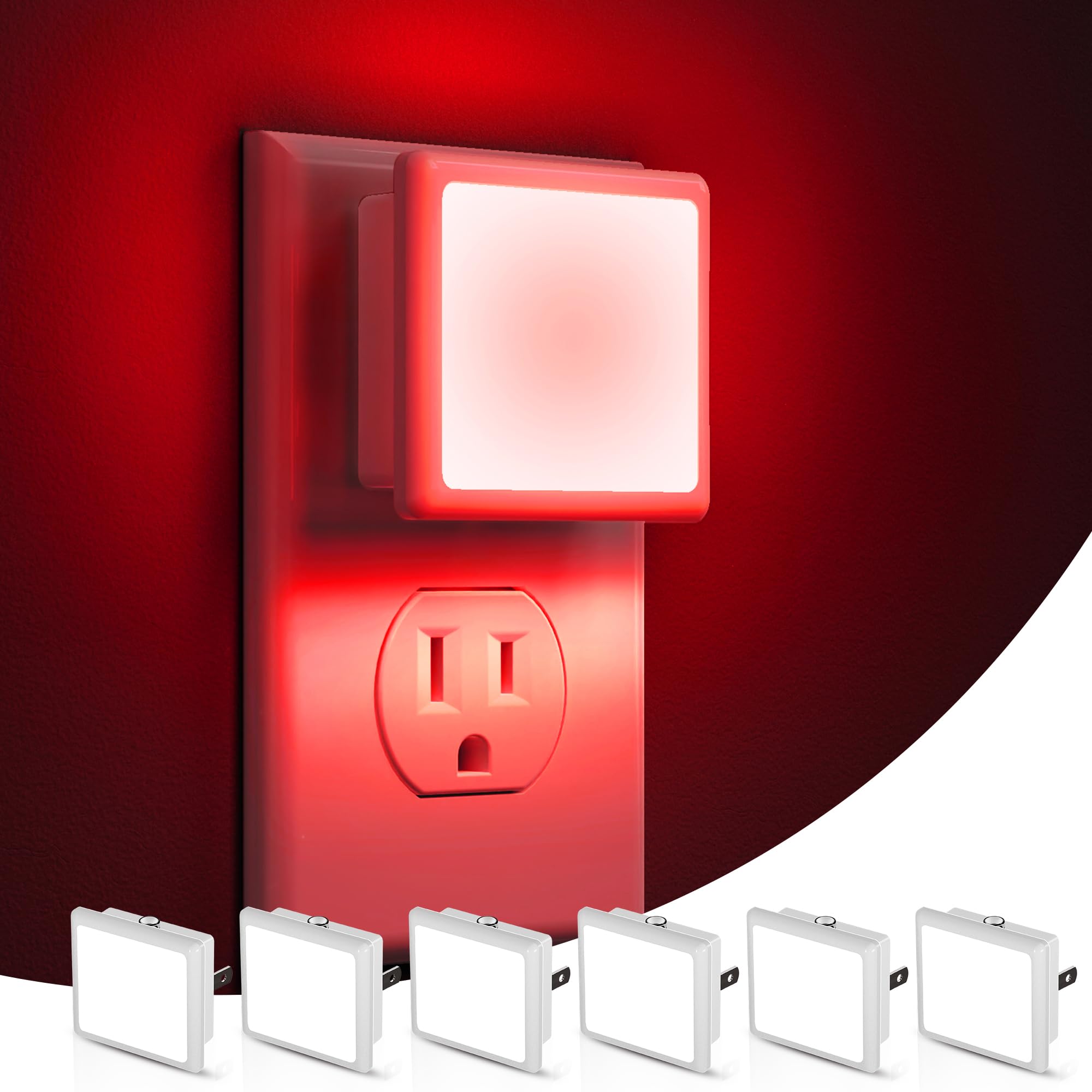 L LOHAS LED Red Night Lights Plug into Wall 6-Pack, 0.3W Plug in Night Light, Dusk to Dawn, Bright Nightlight Auto-On/Off, for A
