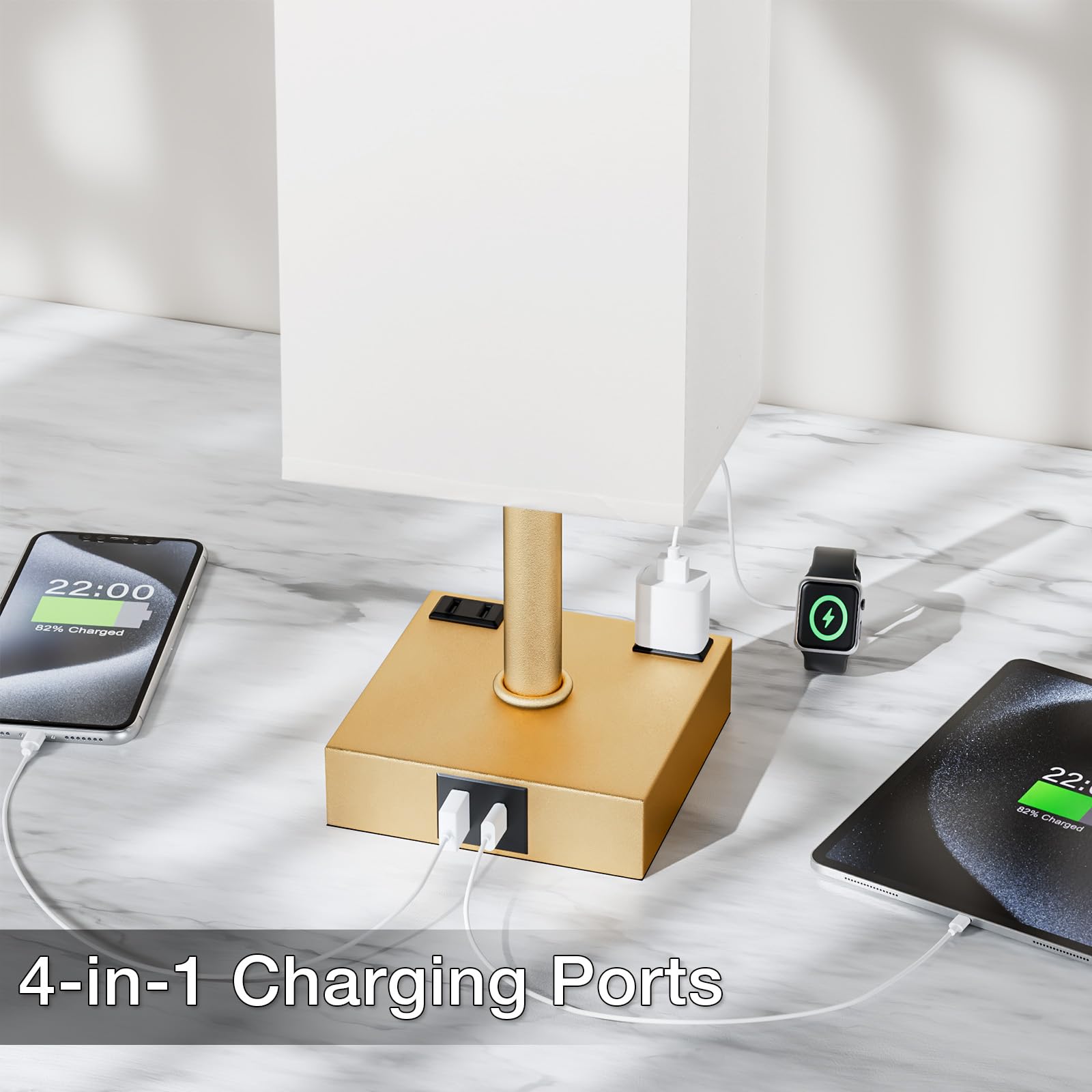 Gold White Touch Table Lamp - Bedside Lamp With Usb A + Type C Charging Ports And Two Ac Outlets, Small Night Stand With E26 Led
