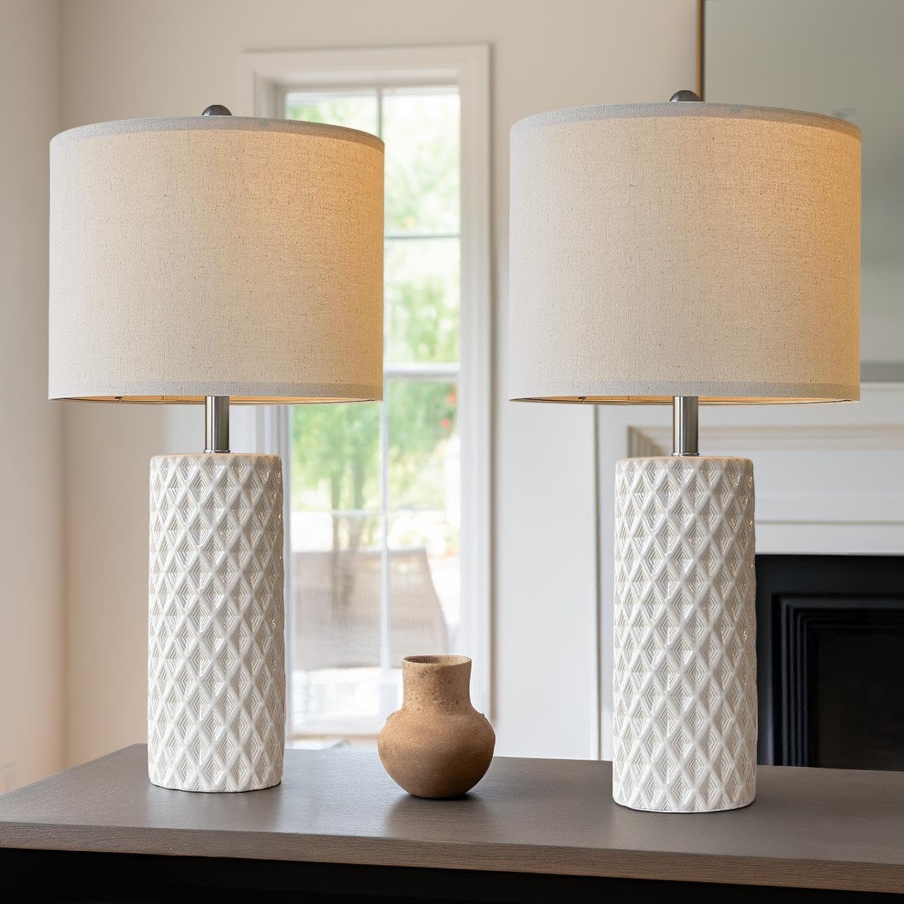 USumkky 26'' Tall Table Lamp for Living Room -Vintage White Lamps Set of 2 Modern Ceramic Lamps for Night Stands, Bedside Lamp f