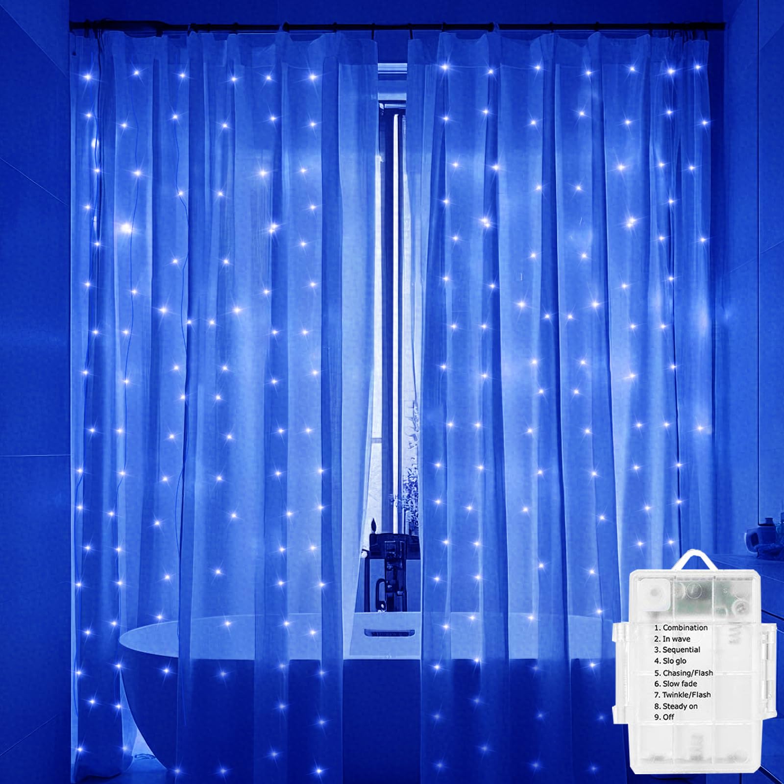 Solhice Blue Fairy Lights for Shower Curtain, 72 x 72 Inches Waterproof String Lights With 10 Hooks, 180 LEDs Battery Operated f