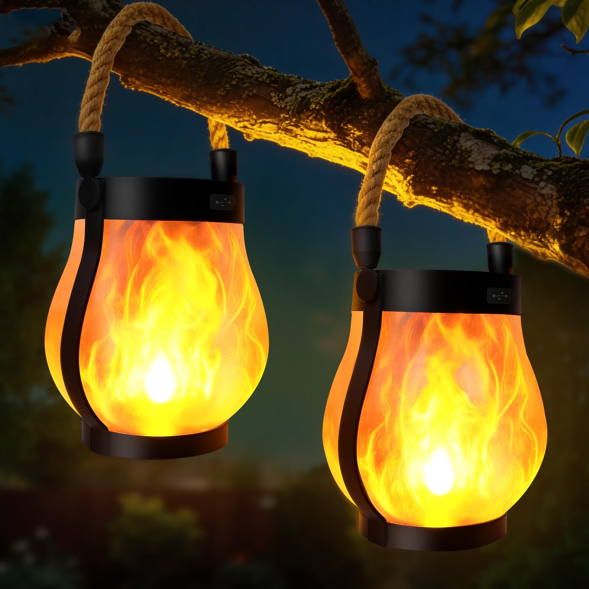 Altmara Solar Lanterns Outdoor 2-Pack with Ultra-Real Flame Lights, Dual Charging (USB/Solar), 2 Modes & Outdoor Waterproof Desi