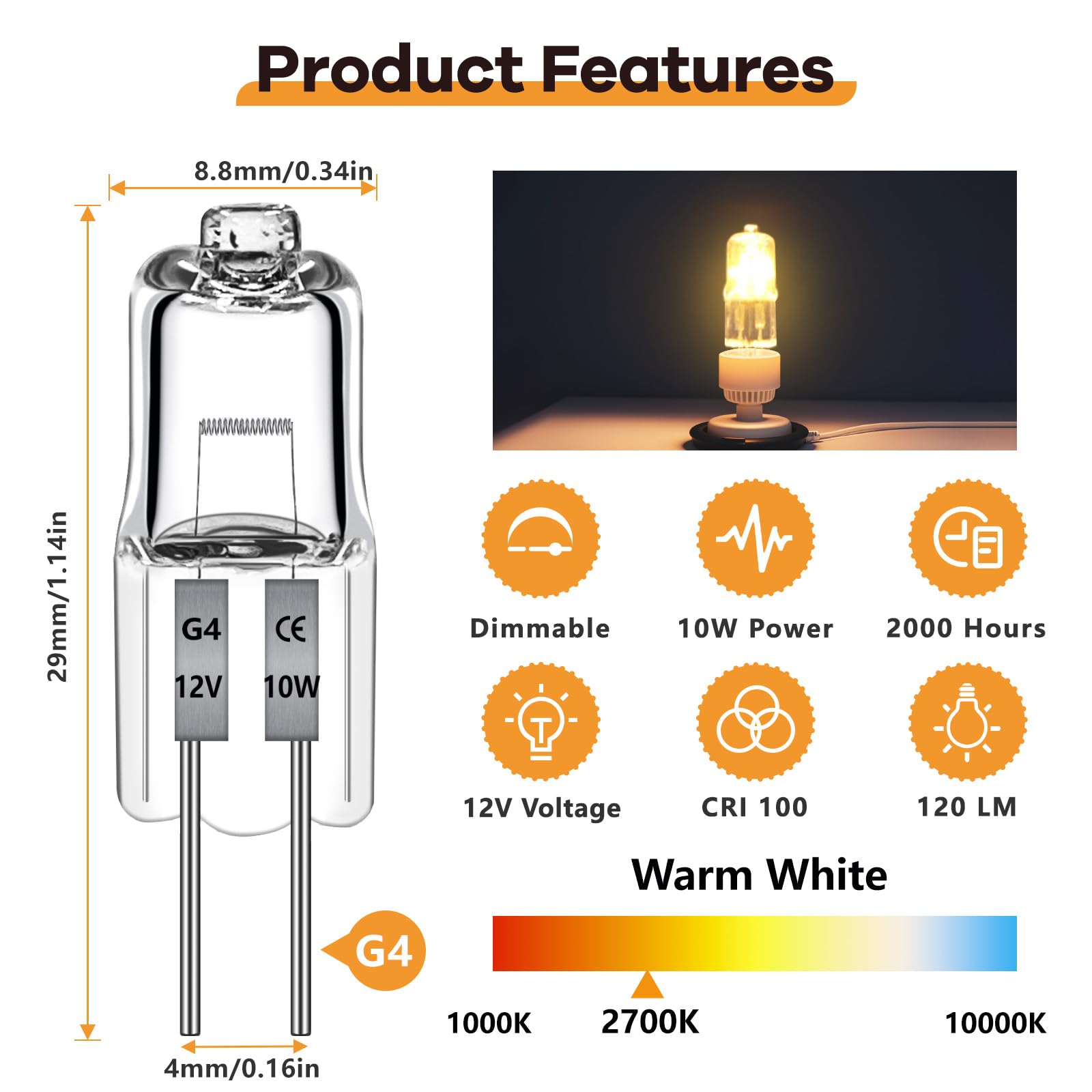 Blakapoo G4 Bulb,12V 10W Halogen Light Bulbs 2 Pin G4 Light Bulbs Replacement For Under Cabinet Puck Light,Chandeliers, Accent L