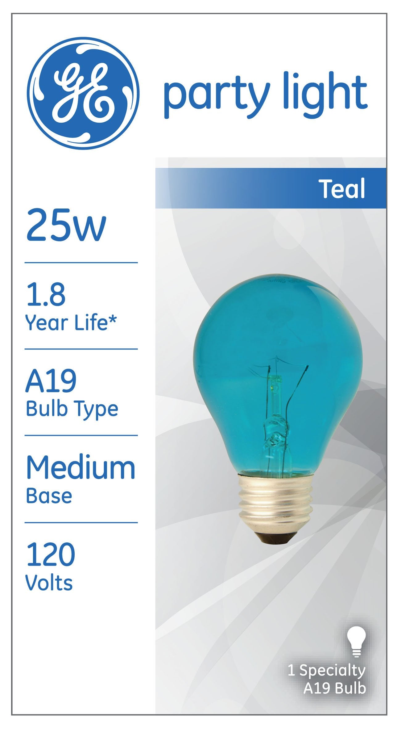 Ge Party Light 22732 25-Watt Teal A19 Light Bulb With Medium Base, 1-Pack