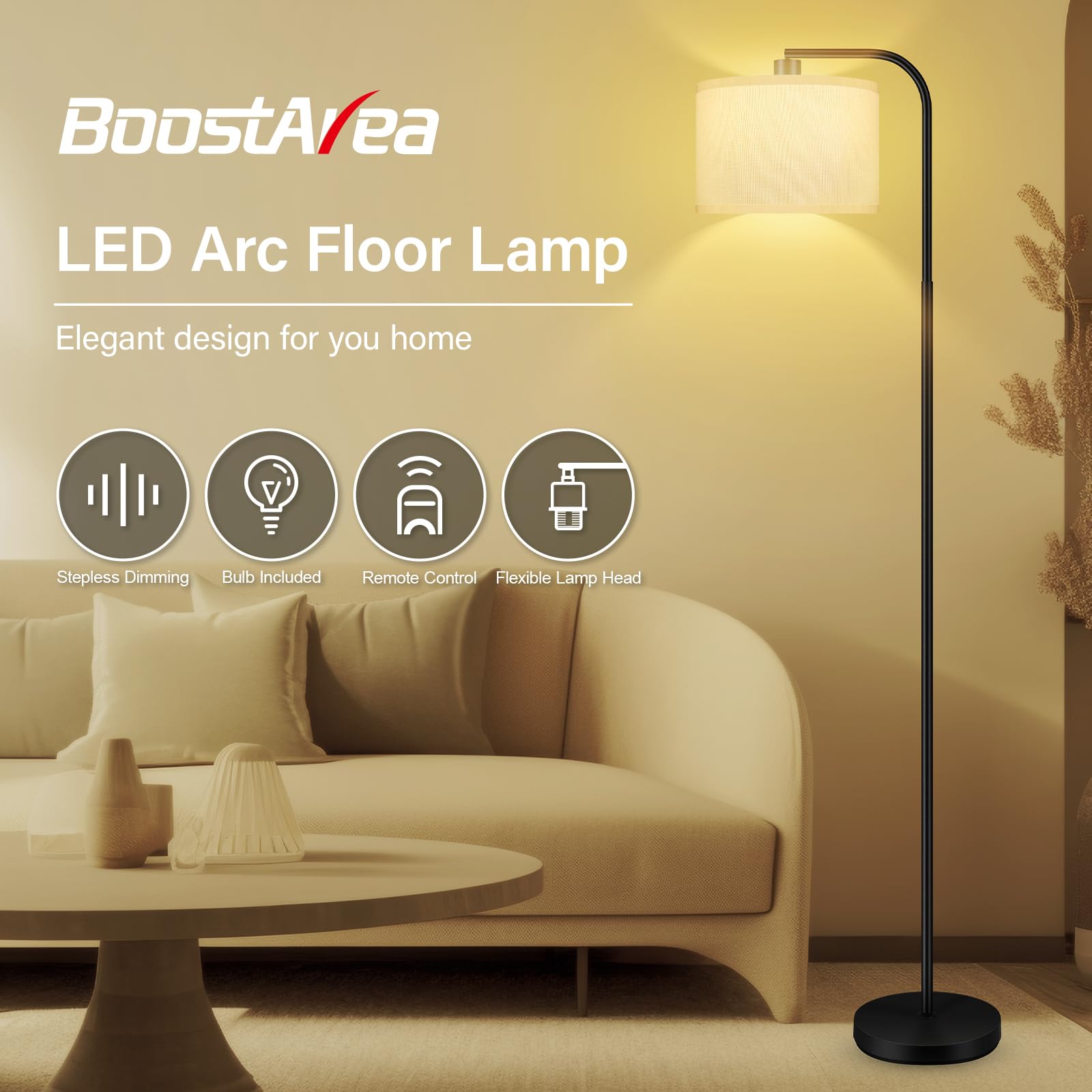 Boostarea Dimmable Floor Lamp For Living Room,Arc Sofa Lamps With Remote Control,Stepless Dimmable & Colors Temperature,2700K-65