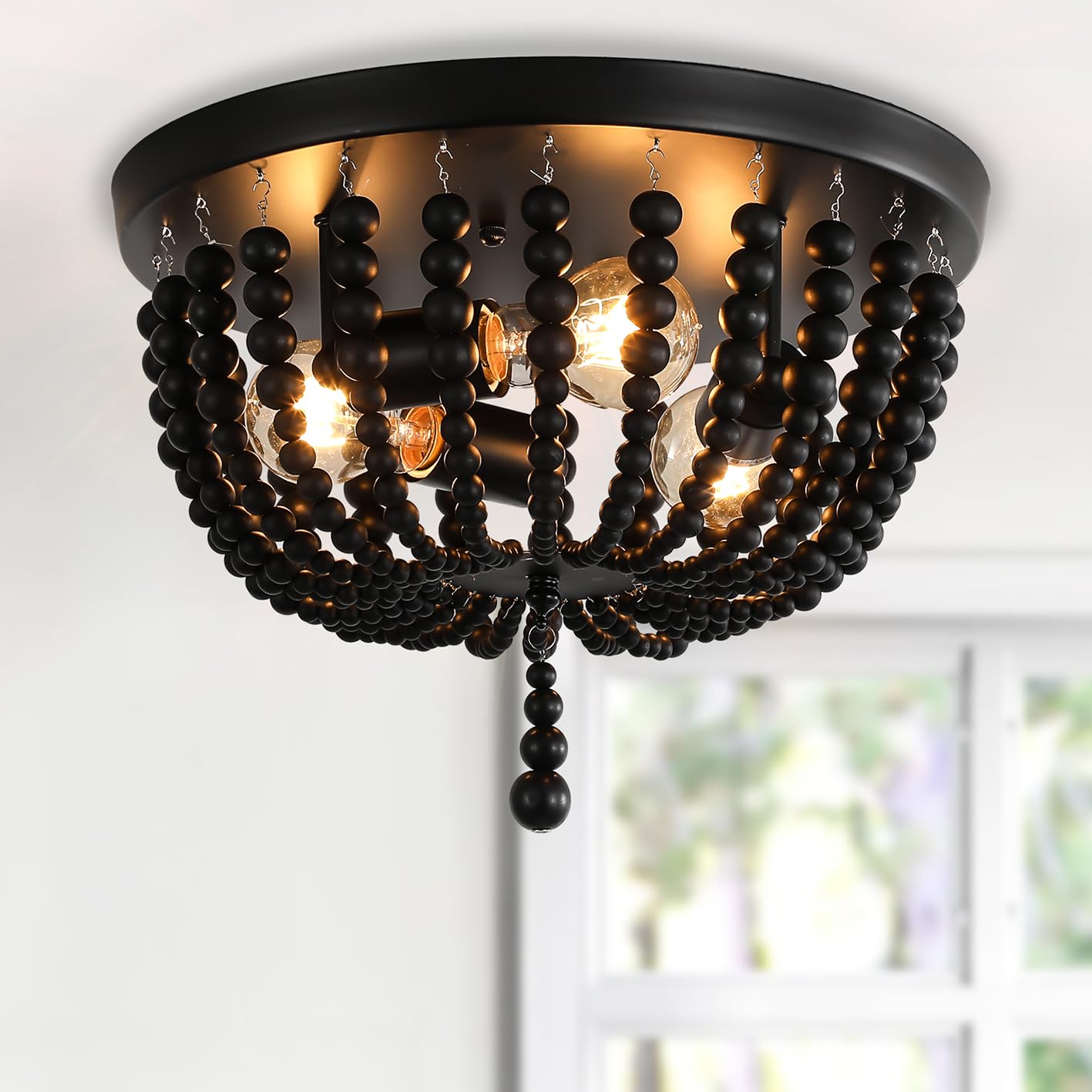 Black 14.1 inch Boho Chandelier,3-Light Wood Beaded Chandelier Light Fixture Bohemia Draped Bead Chandelier, Flush Mount Ceiling
