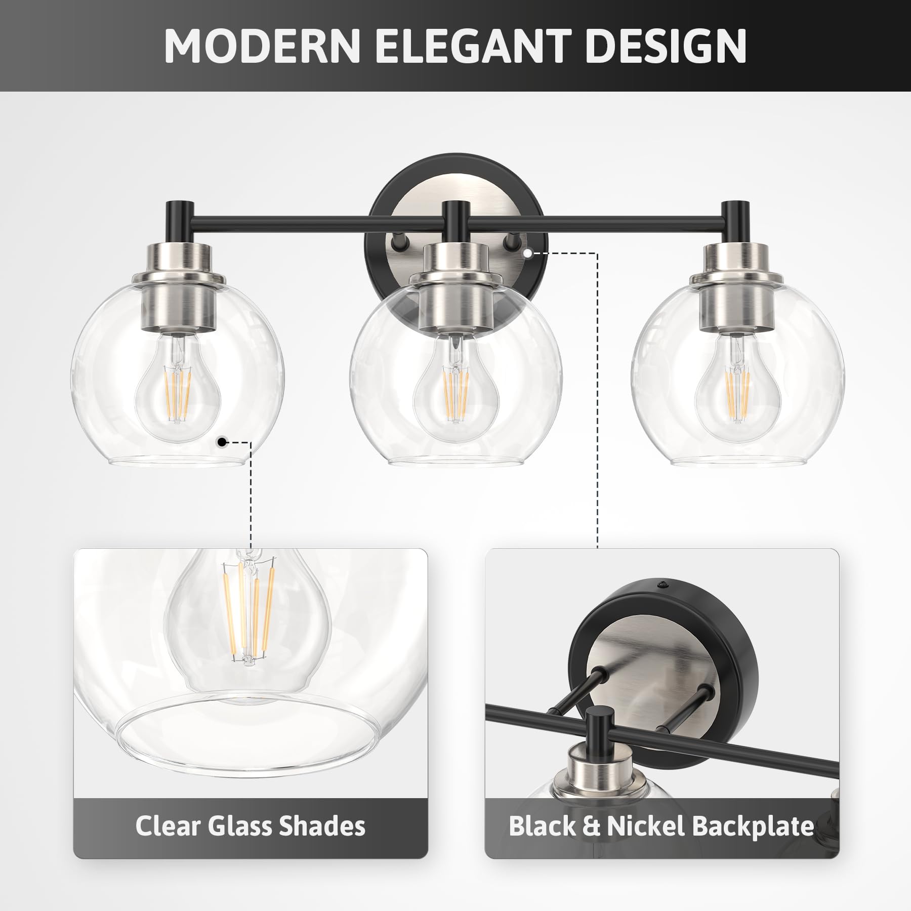Vonluce 3-Light Vanity Light With Globe Glass Shades, E26 Sockets; Bathroom & Bedroom Hallway Living Room Light Fixtures, Black