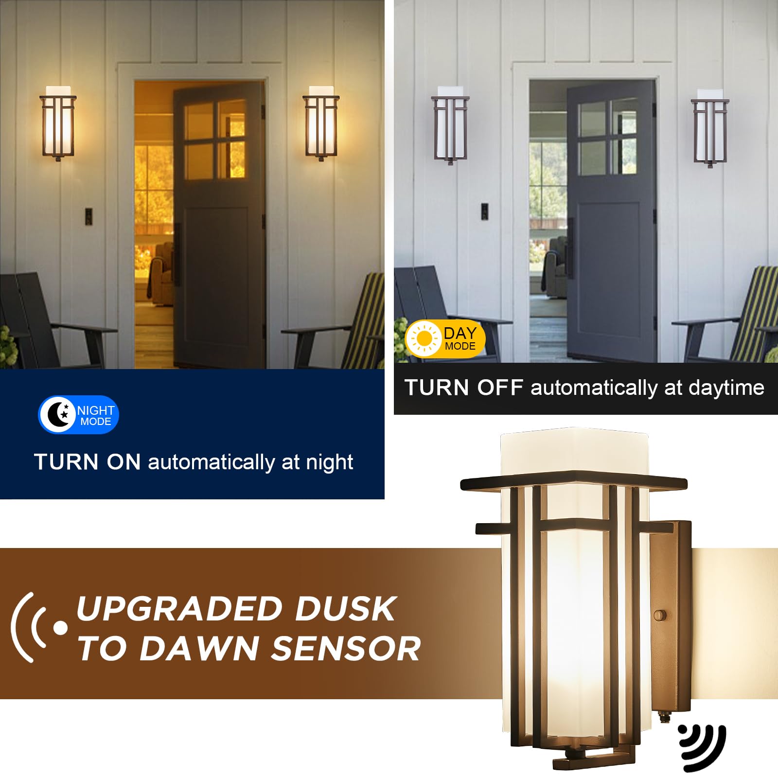 EERU Oil Rubbed Bronze Outdoor Sconce with Dusk to Dawn Sensor, 12.2in x 5.9in, Waterproof Frosted Glass Wall Lantern for Patio and Garage