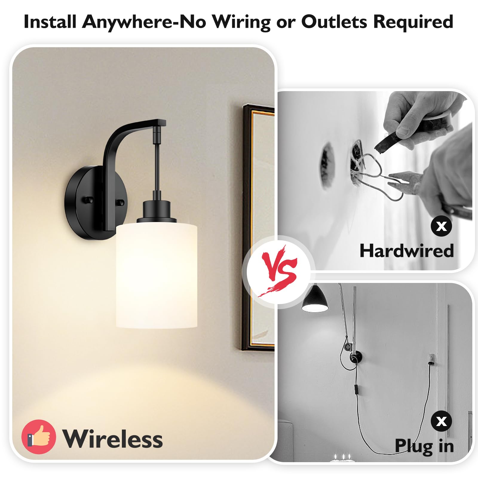 Battery Operated Wall Sconce Set Of 2, Wireless Rechargeable Wall Lights, Glass Wall Lamps With Remotes And Dimmable Rgb Led Bulbs, No Wiring Indoor Sconces Wall Decor For Bedroom Living Room Hallway