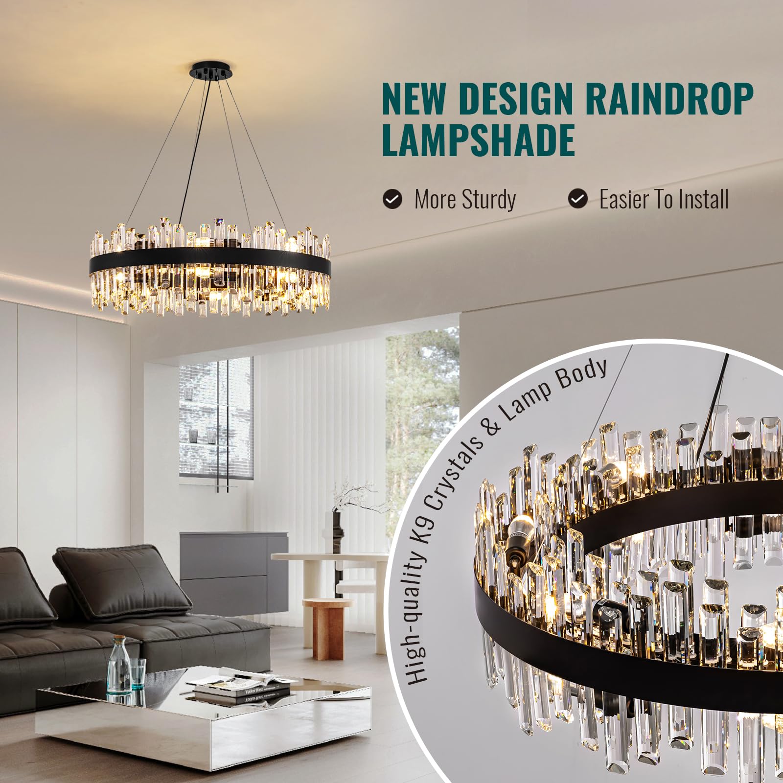 Siljoy Modern Black Crystal Chandelier 16 Lights Industrial Round 2-Tiers K9 Crystal Raindrop Chandelier Farmhouse Flush Mount P