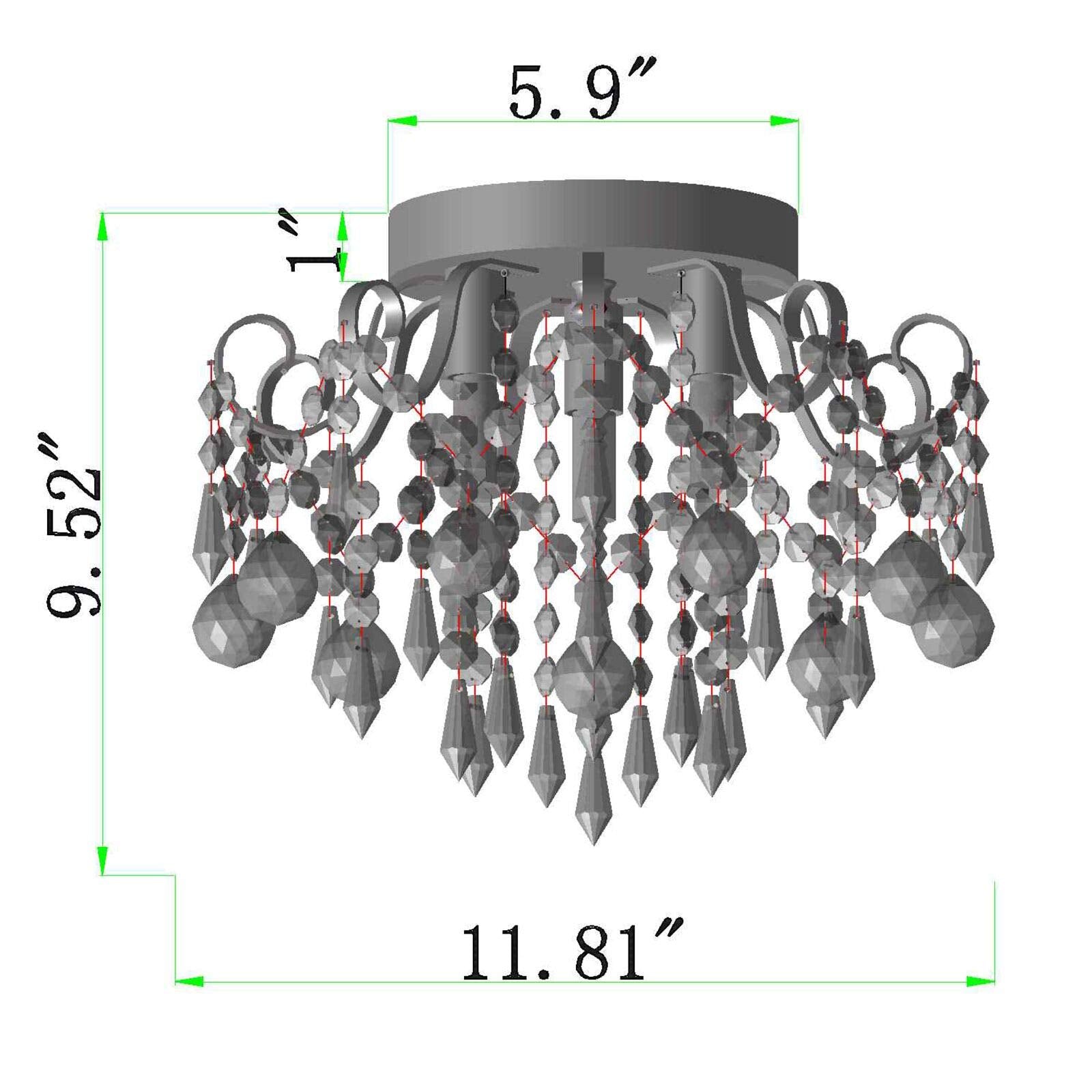 Q&S 3-Light Small Crystal Chandelier Flush Mount Ceiling Light, Chrome Iron Fixture for Bedroom, Hallway, Entryway, Model P2001-3