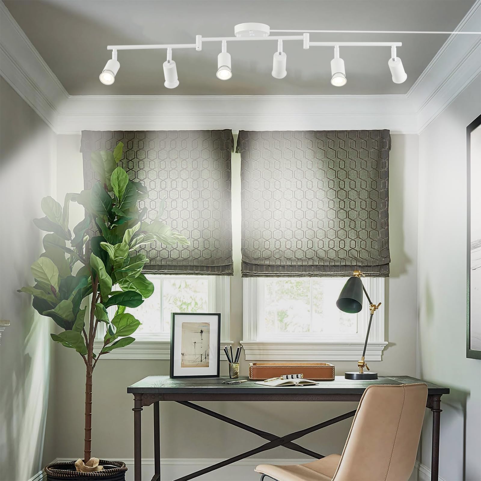 Vivihobb Dimmable Plug In Track Light White 6 Light Plug In Ceiling Lighting Fixture With 16.4 Long Cord 6 Way Ceiling Spotlight Rotatable Wall Mount Light Head Led Dimmable Spot Bulbs Included