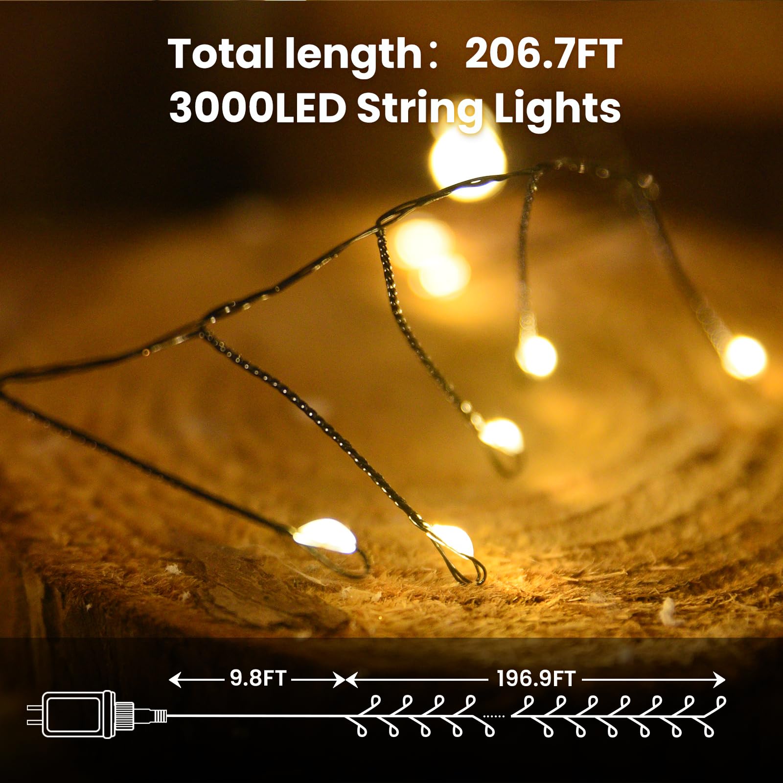 Dailyart 3000 LED Fairy Lights - Waterproof Warm Twinkle String Lights with Timer & Remote, Black Wire, 195Ft for Decorations