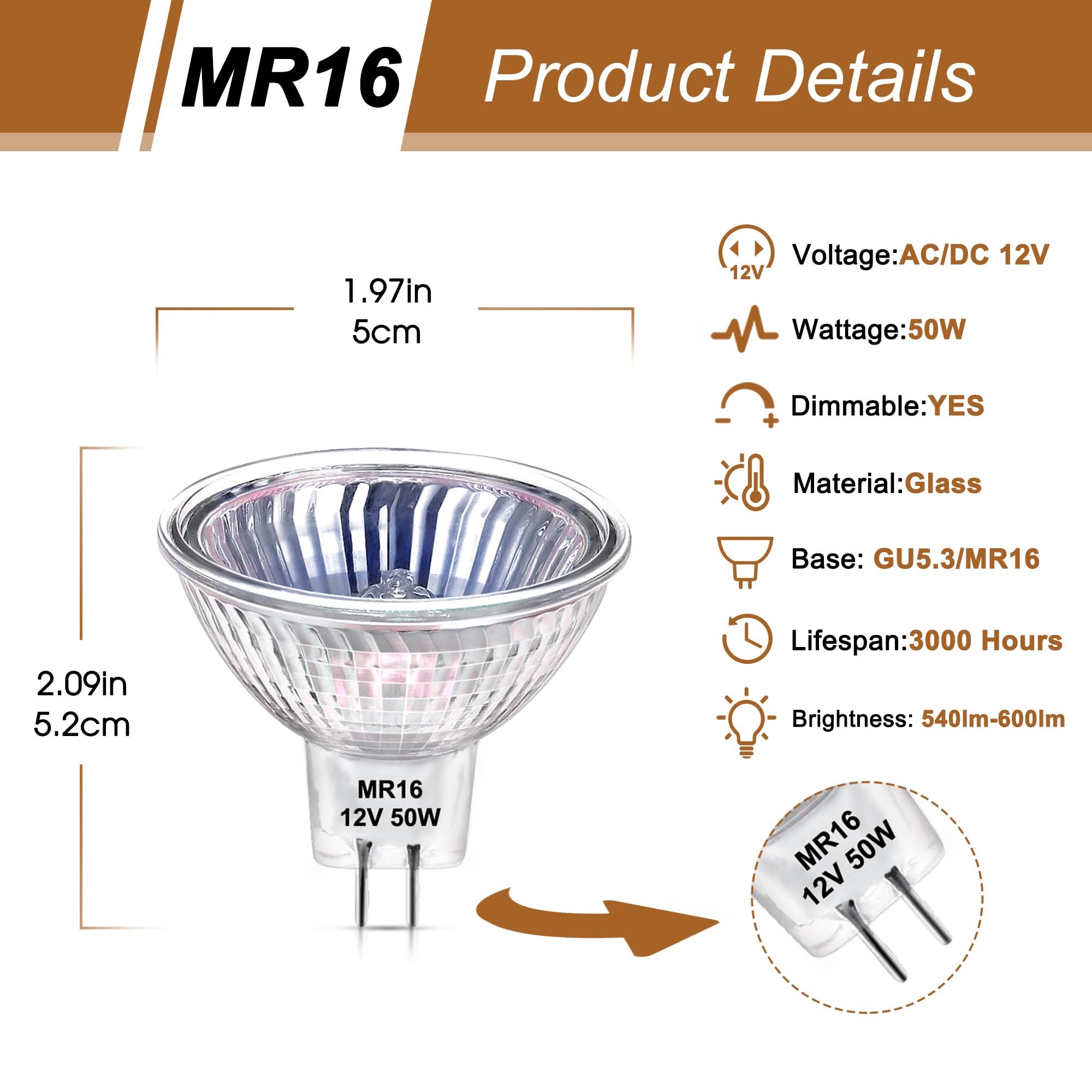Flaspar 6 Pack MR16 Halogen Bulb 50W 12V Dimmable Warm White 2800K GU5.3 Base Clear Glass Cover for Landscape & Track Lights