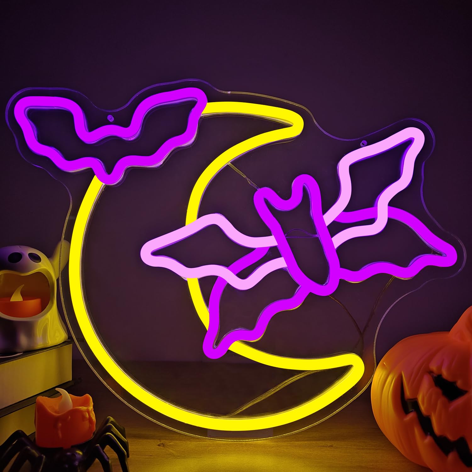 Cheunyar Neon Bat Sign - LED Halloween Decorations, Colorful Acrylic Wall Decor, Gothic Design for Parties and Windows